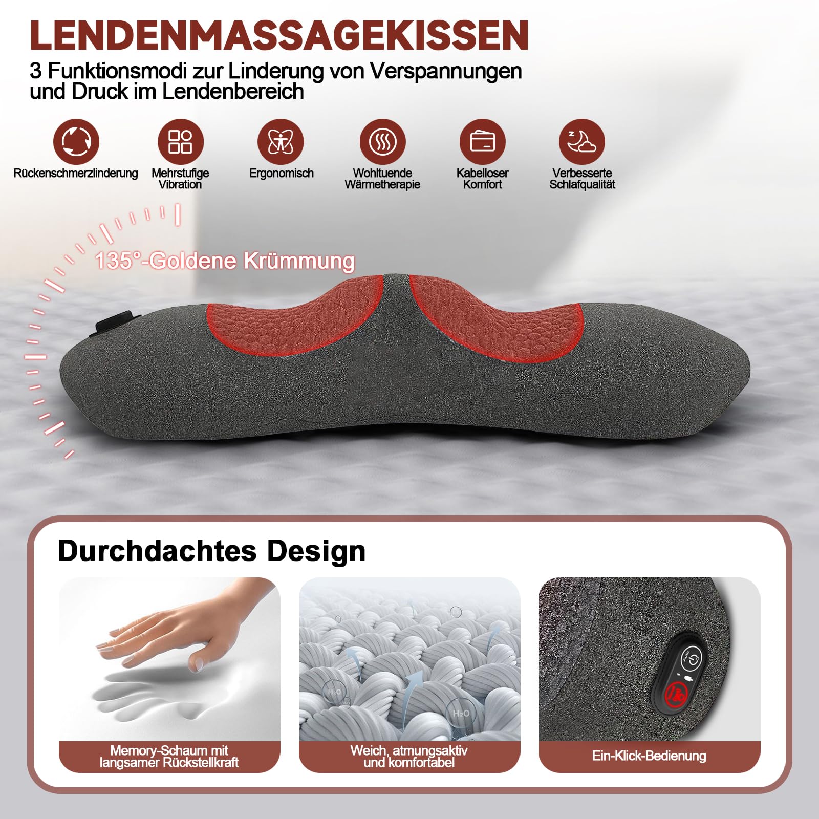 3-in-1 Rückenmassagegerät mit Luftkissen-Traktion, Vibration und Wärme - Elektrisches Lendenwirbelstützkissen für Nacken, Schultern und Rücken | Büro, Zuhause, Reise