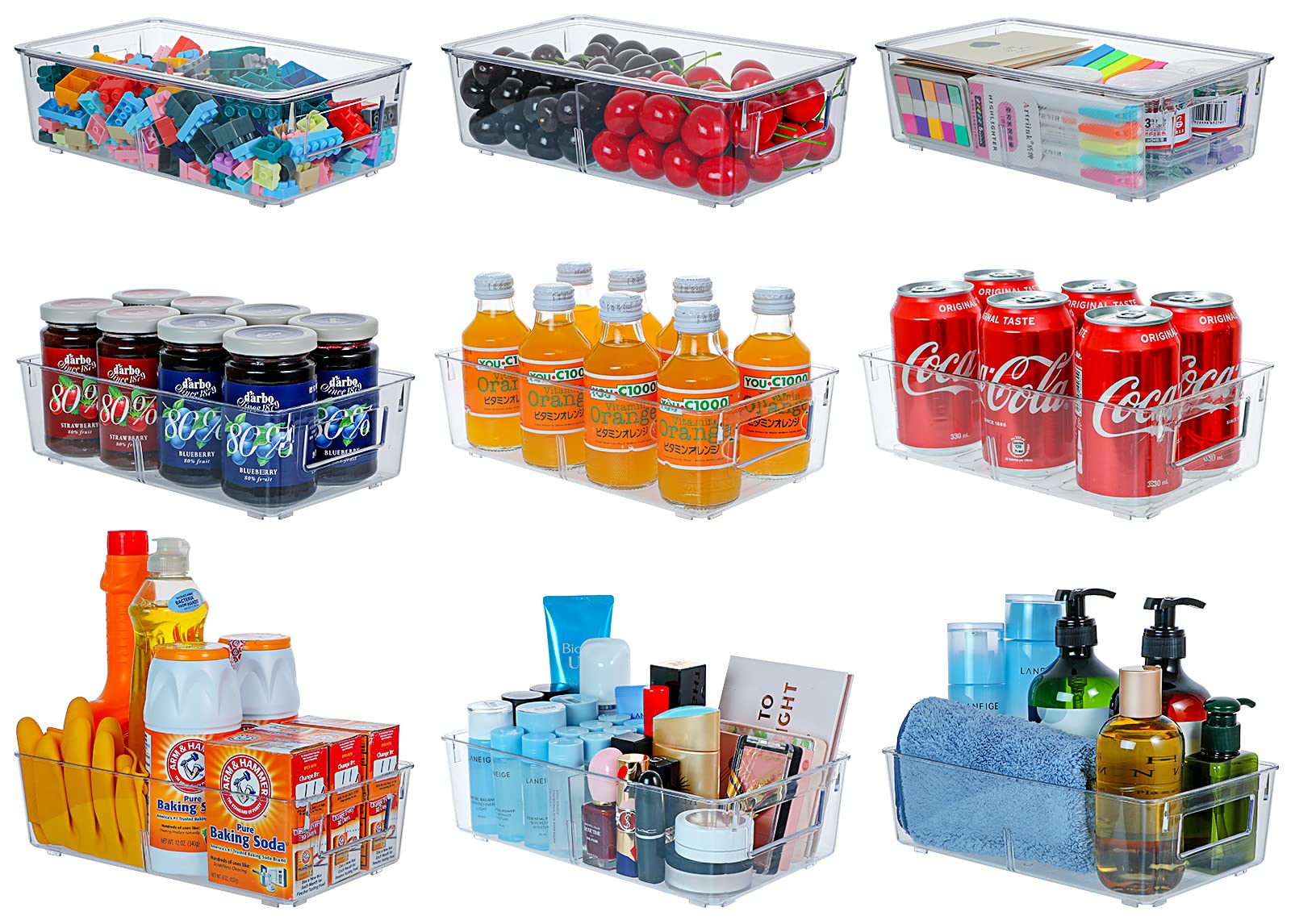 Plastic Storage Bin with Lid and Divider, ESARORA Clear Shallow Pantry