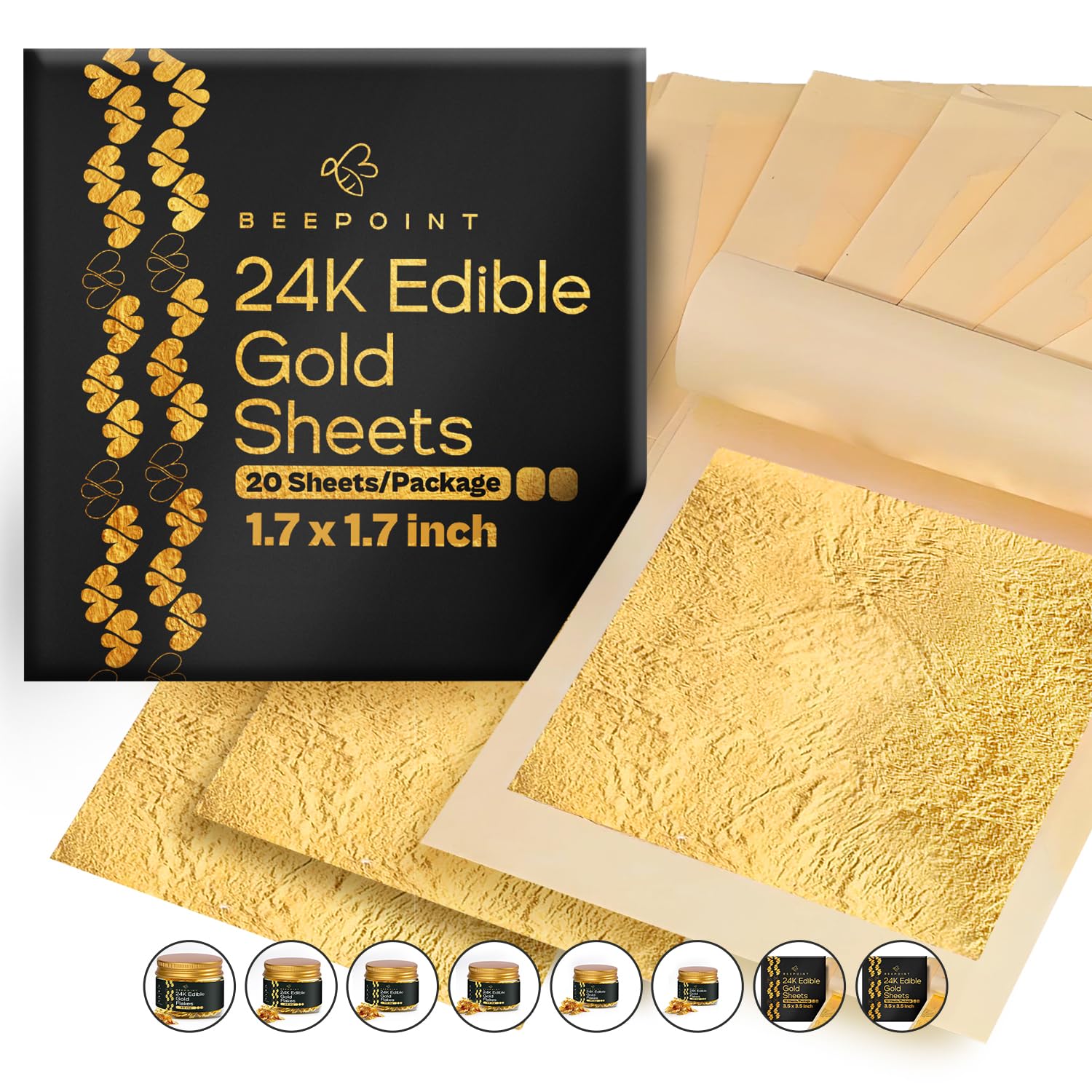 BeePoint 24K Edible Gold Leaf Sheets 20 Pcs - 1.7 x 1.7 Inches Gold Leaves for Cake Decorating, Baking & Cooking, Art & DIY Projects, Gilding Crafting, Makeup & Home