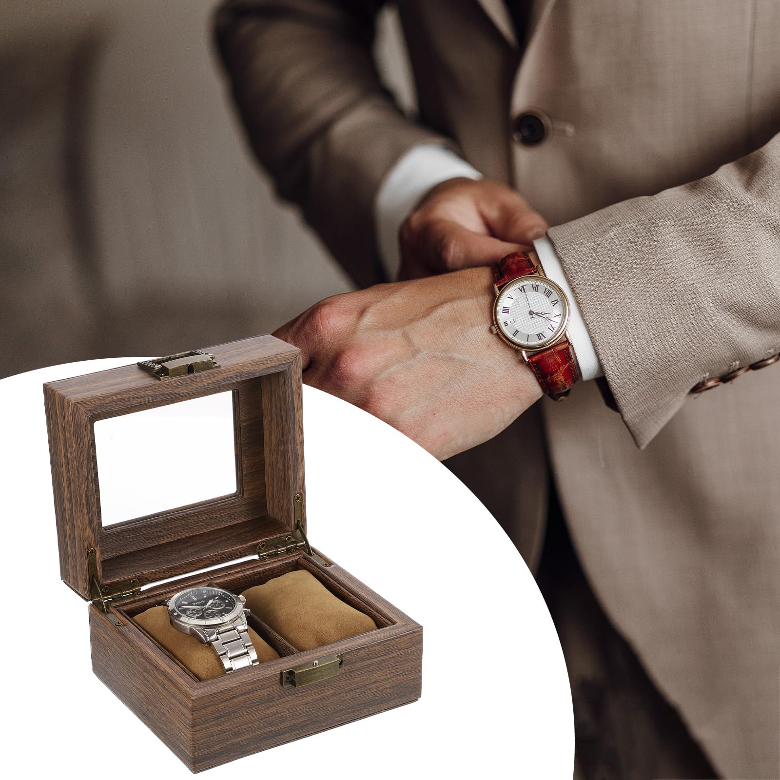 Boîte à Montres pour Homme, 2 emplacements, en Cuir PU grainé, avec Couvercle en Verre et Coussin Amovible, Compatible avec la Plupart des Montres et Montres connectées.