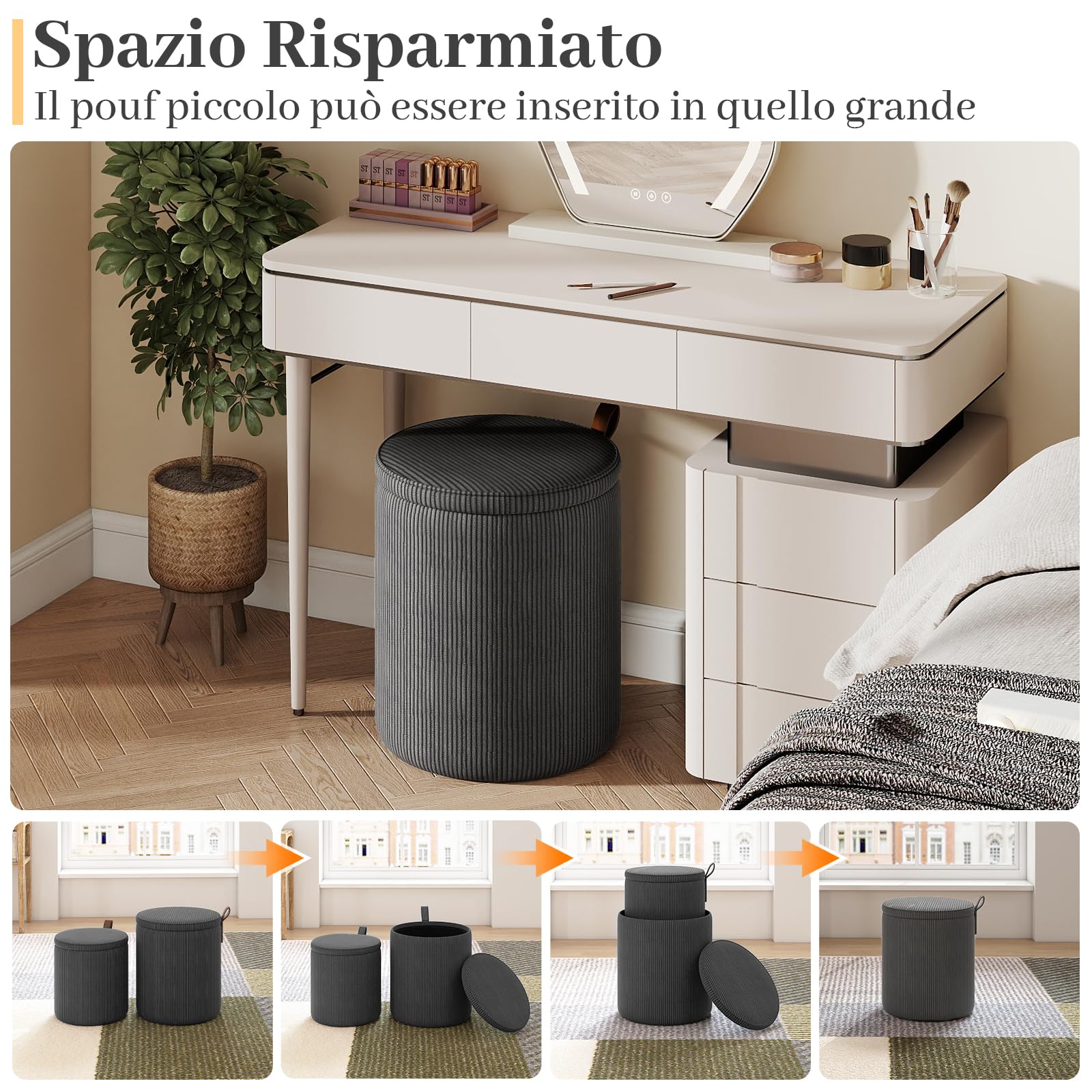 COSTWAY Set di 2 Pouf Contenitore in Velluto, Pouf Rotondi Imbottiti da 40L + 25L, Sgabelli con Contenitore per Soggiorno, Camera da Letto, Portata 150 kg (Grigio)