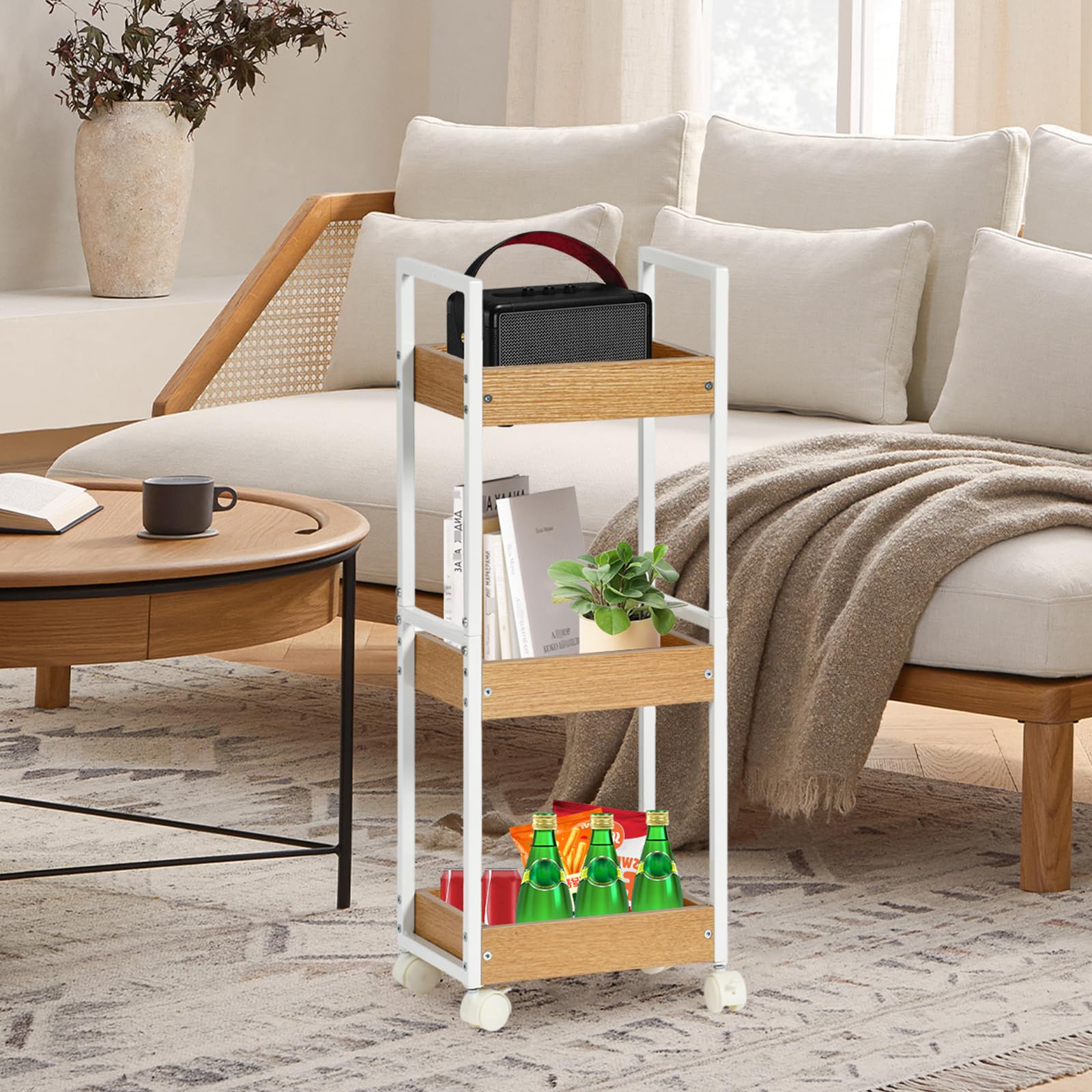 EGGREE Carrello Portaoggetti a 3 Livelli, Carrello Salvaspazio, Mensole Strette per il Bagno, Carrello da Cucina con Rotelle, Carrello bagno, 30 x 20 x 80 cm, Bianco