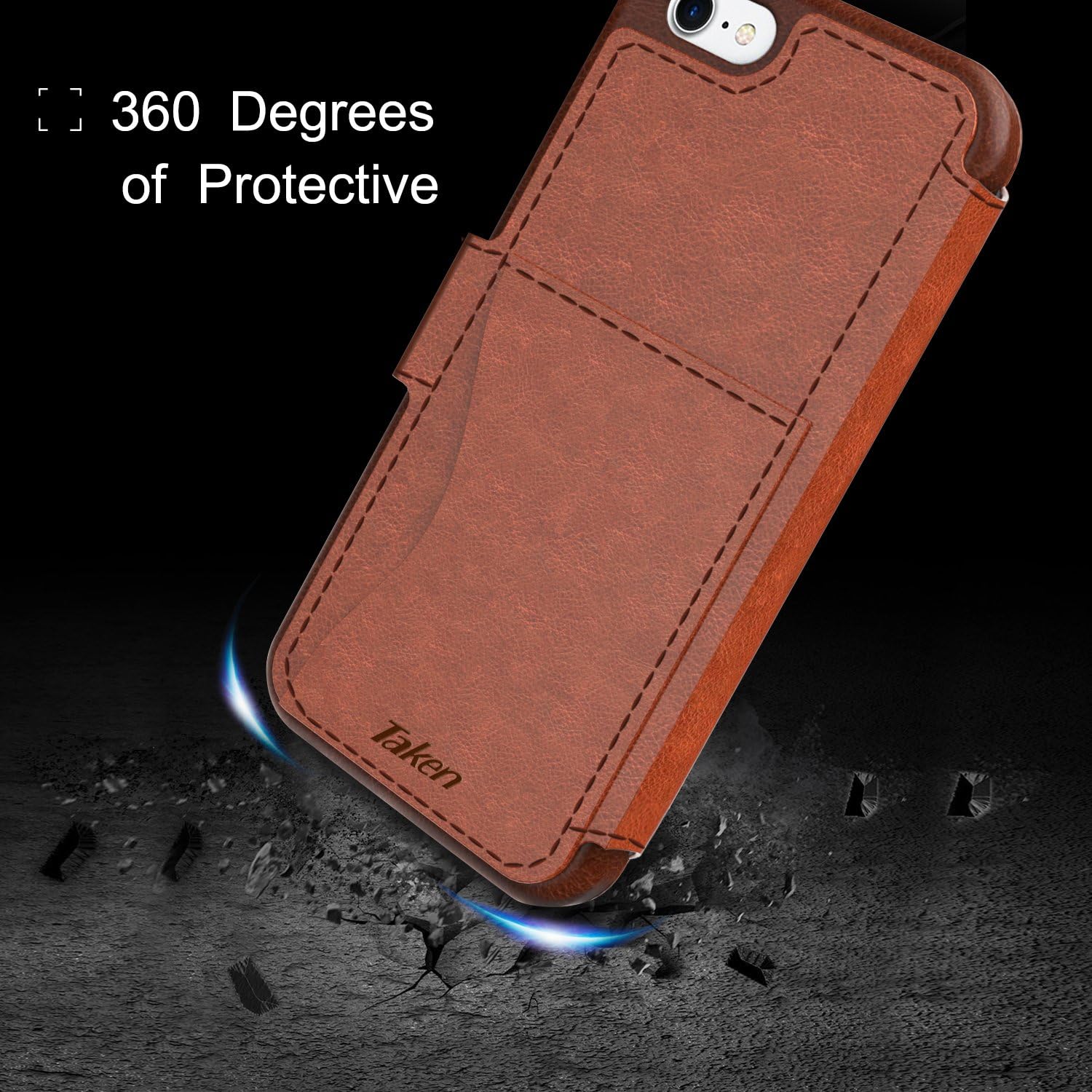 Taken iPhone 6/6S Plus Leather Wallet Case with Cards Slot and Metal Magnetic, Slim Fit and Heavy Duty, Plastic Flip Case/Cover with Rubber Edge, for Women, Men, Boys, Girls, 5.5 Inch (Dark Brown)