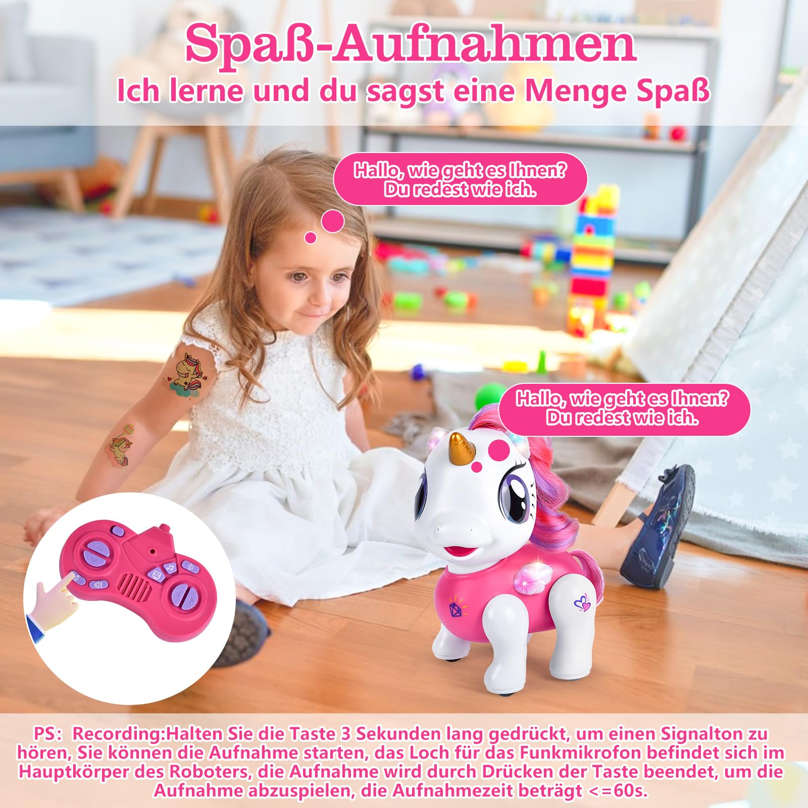 Joellfuner Einhorn Roboter für Mädchen, Ferngesteuertes Einhorn Roboter Spielzeug mit Tanz & Musik, Tonaufnahmen und Programmierbarer, Interaktiver Spielzeug Geschenk für Kinder ab 3 Jahre