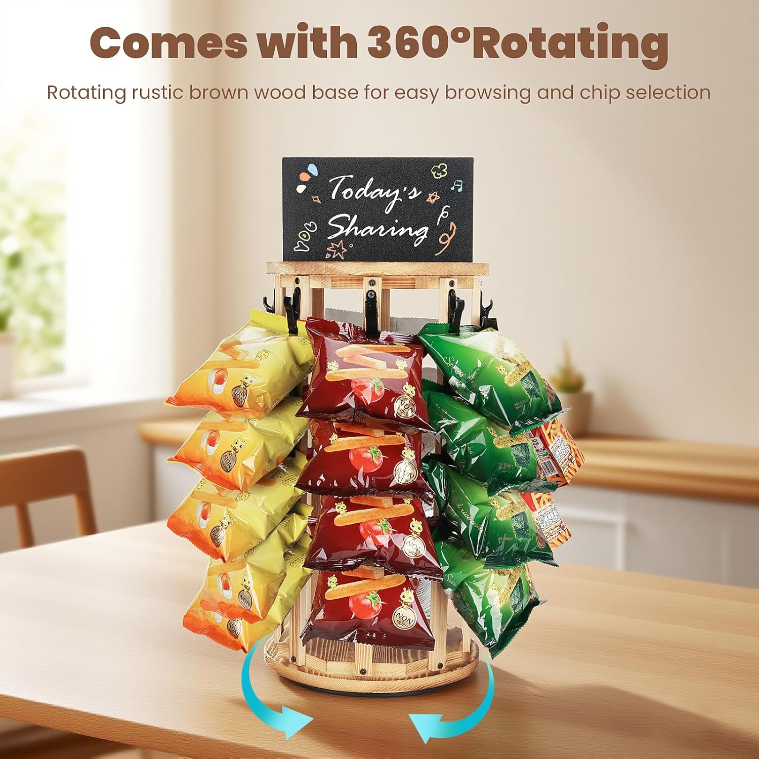Chip Rack Display Stand Rotating Snack Organizer with Write-On Display Board - 360°Spinning Wooden Tiered Stand for Countertop, 5 Tier Circular Snack Rack for Pantry, Kitchen, Office