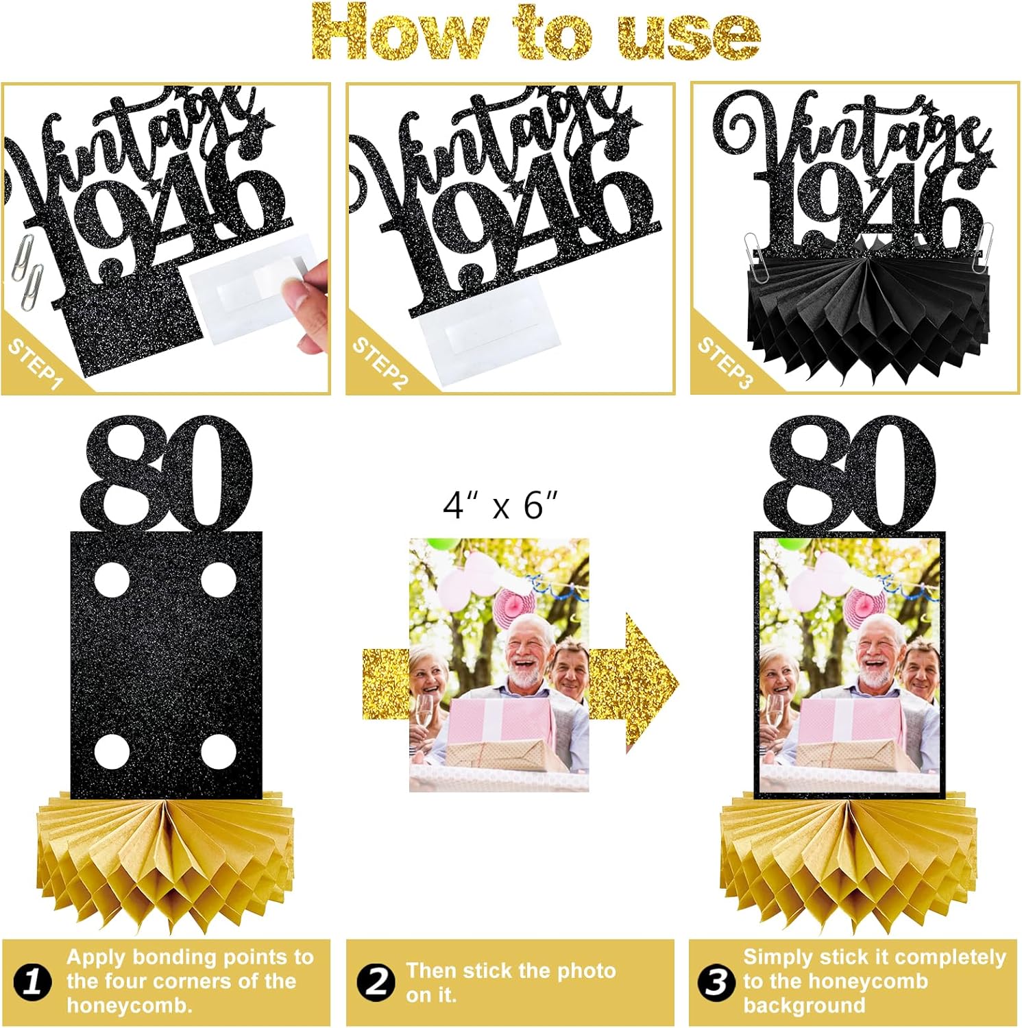 8Pcs 80th Birthday Decorations Honeycomb Centerpieces and 42PCS 80th Birthday Decoration Kit for Men Women, Black Gold Happy 80th Bday Banner Balloons Honeycomb Centerpiece Swirl Paper Pompoms Decor
