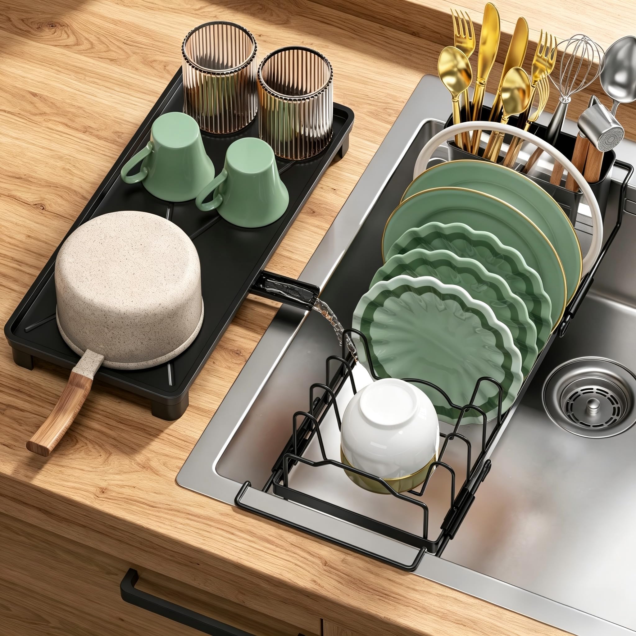 Small Dish Drying Rack - Expandable Dish Drying Rack with Drying Tray