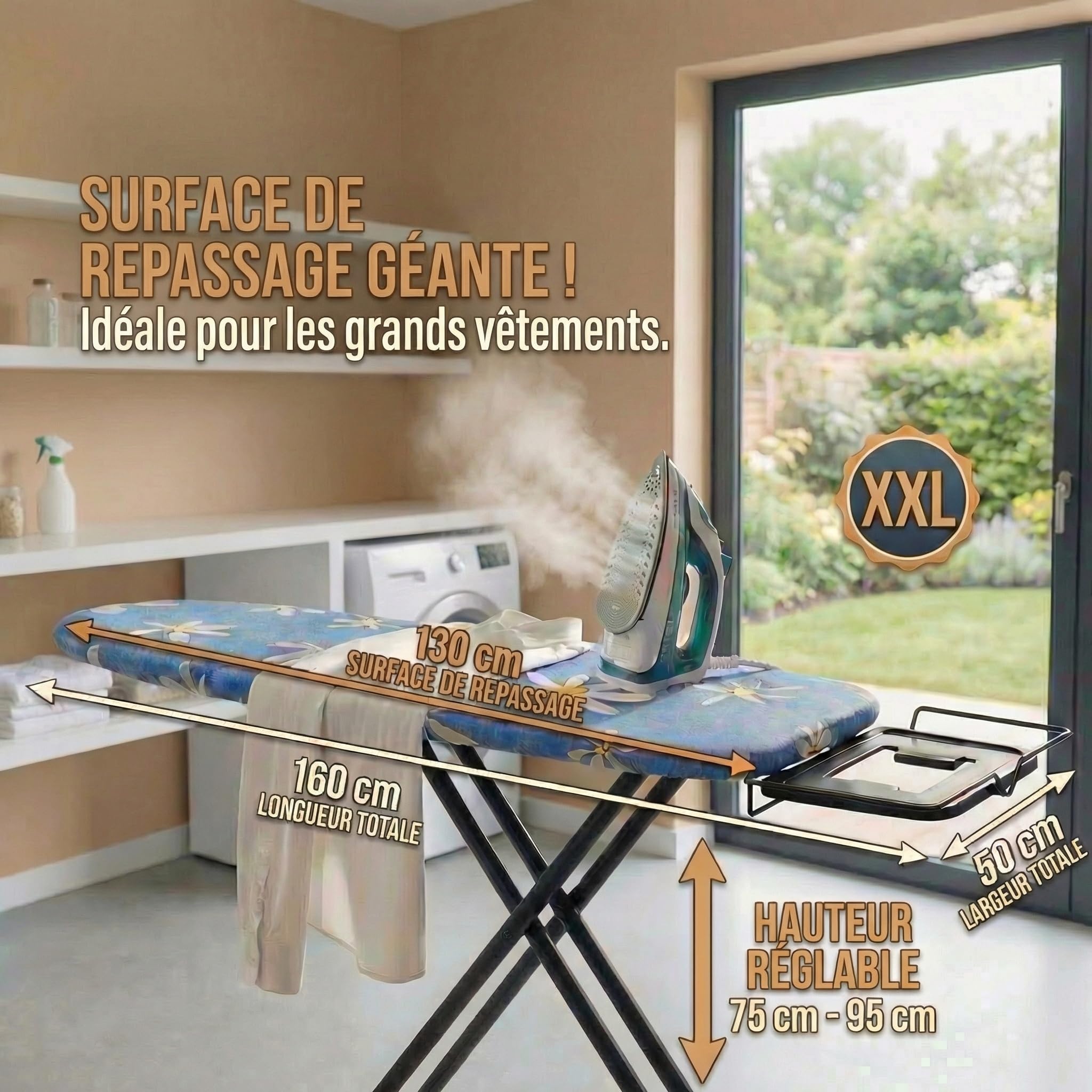 Table à Repasser Grande Pliable Solide Planche Repasser XXL Centrale Vapeur - 130x47cm Surface de Repassage - Fabriqué en EU