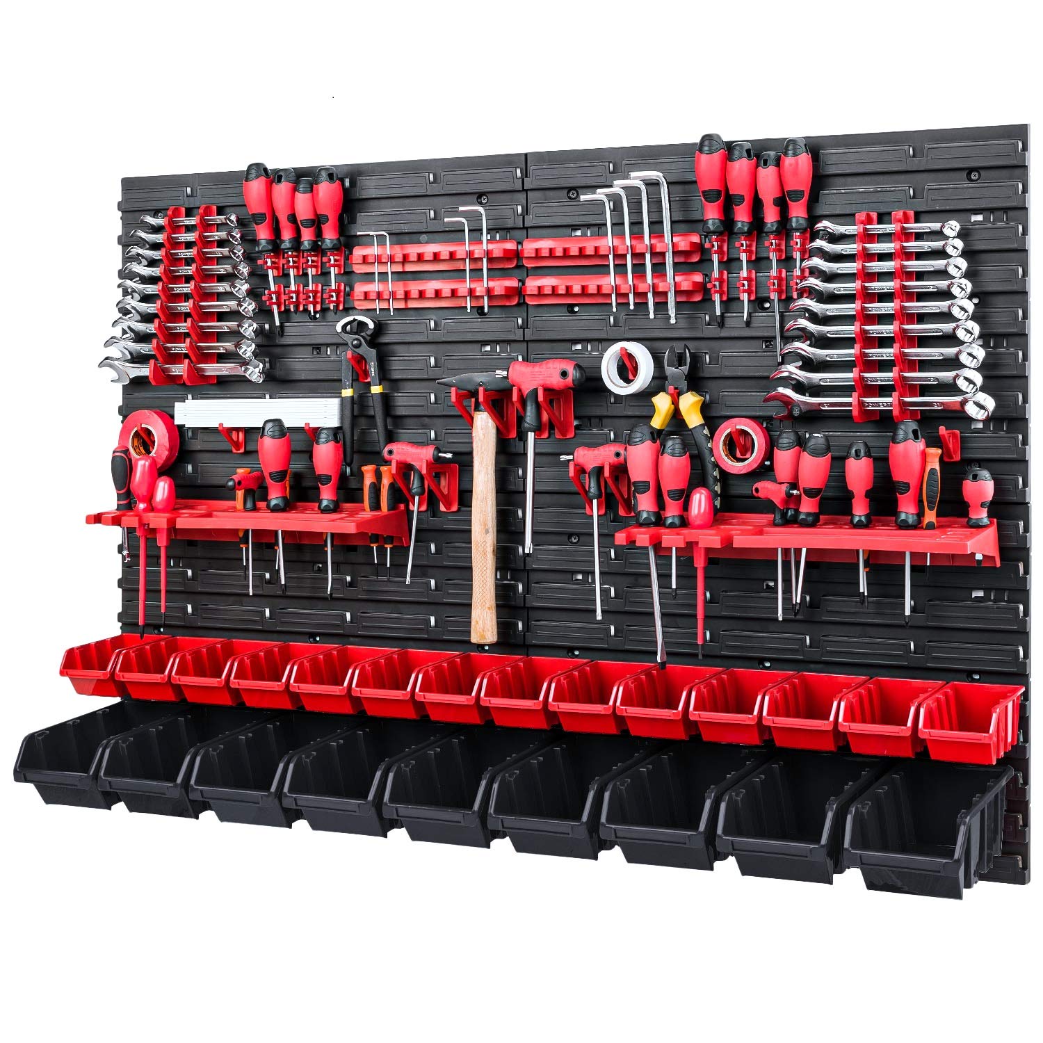 Pafen Red/Black Tool Wall Stacking Boxes - 1152 X 780 Mm - Storage System Set Tool Holders And 23 Boxes - Wall Shelf Workshop Shelf Perforated Wall Storage Boxes
