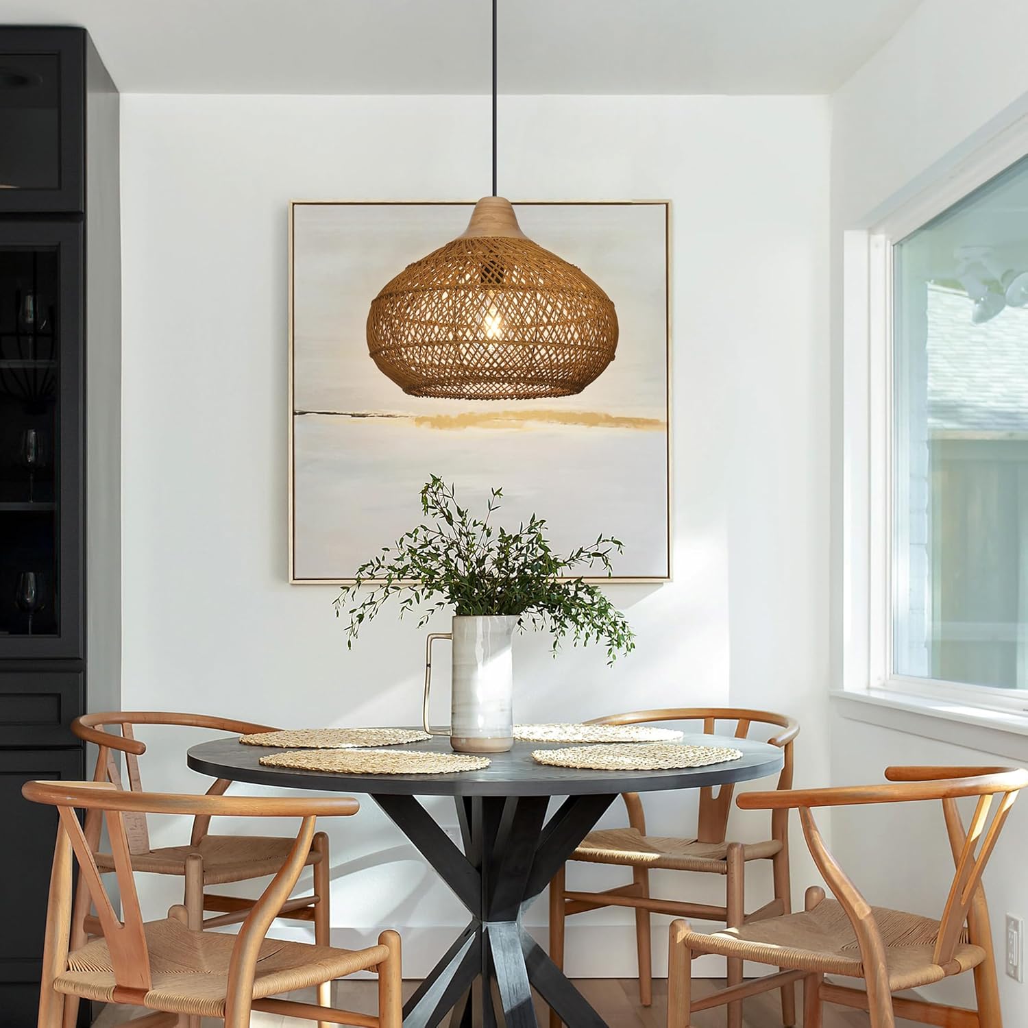 15.7" Rattan Chandelier, 1-Light Boho Hand Woven Ceiling Pendant Light Fixture Farmhouse Coastal Wicker Hanging Lamp Decor for Kitchen Island Bedroom, Living Room, Entryway, Foyer, Nursery