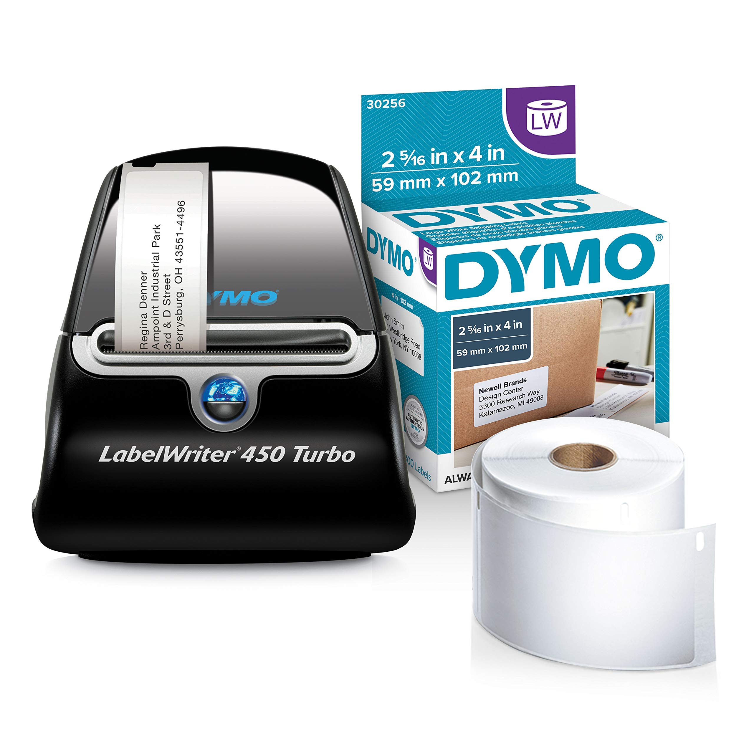 DYMO LabelWriter 450 Turbo Thermal Label Printer (1752265) and DYMO LW Standard Shipping Labels for LabelWriter Label Printers, White, 2-5/16'' x 4'', 1 roll of 300 (30256) Bundle