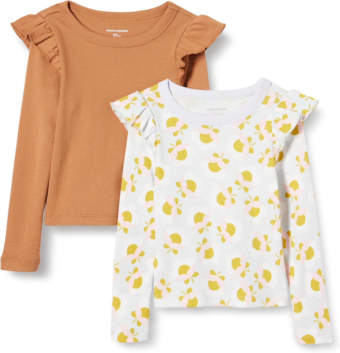 Amazon Essentials Girls Long Sleeve Ruffle T-Shirt XX-Large Light Caramel/Graphic Flower