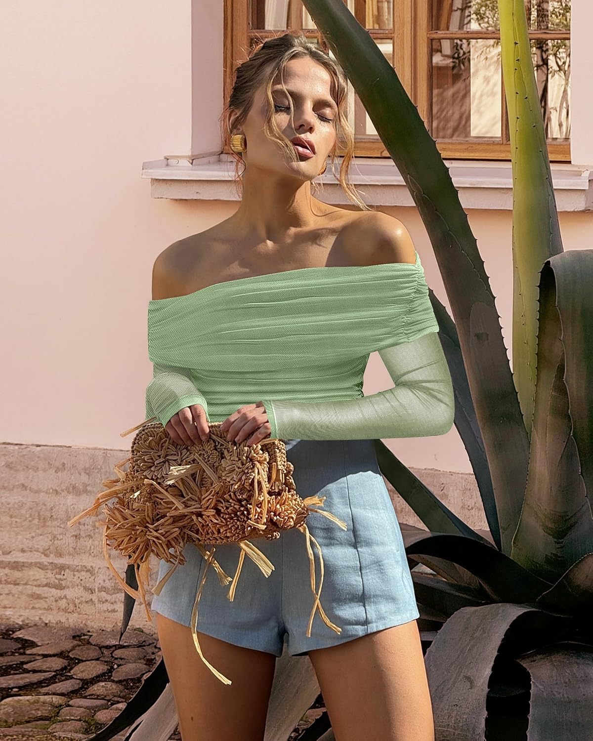 SAUNGKUAI Women's Off The Shoulder Long Sleeve Bodysuit Sexy Slimming Body Suit Tops Sheer Mesh Ruched Fall Outfits 2026 - Image 8