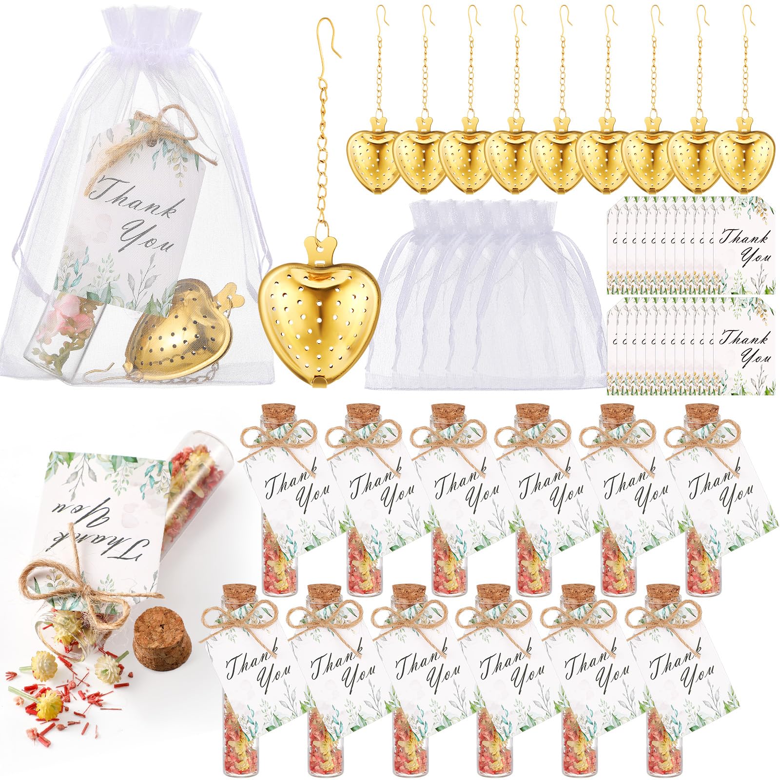 Yiyiring 25 Sets Bridal Shower Tea Party Favors Bulk for Guests Include Heart Tea Infuser, Glass Jar, Thank You Gift Tag, Drawstring Organza Bag for