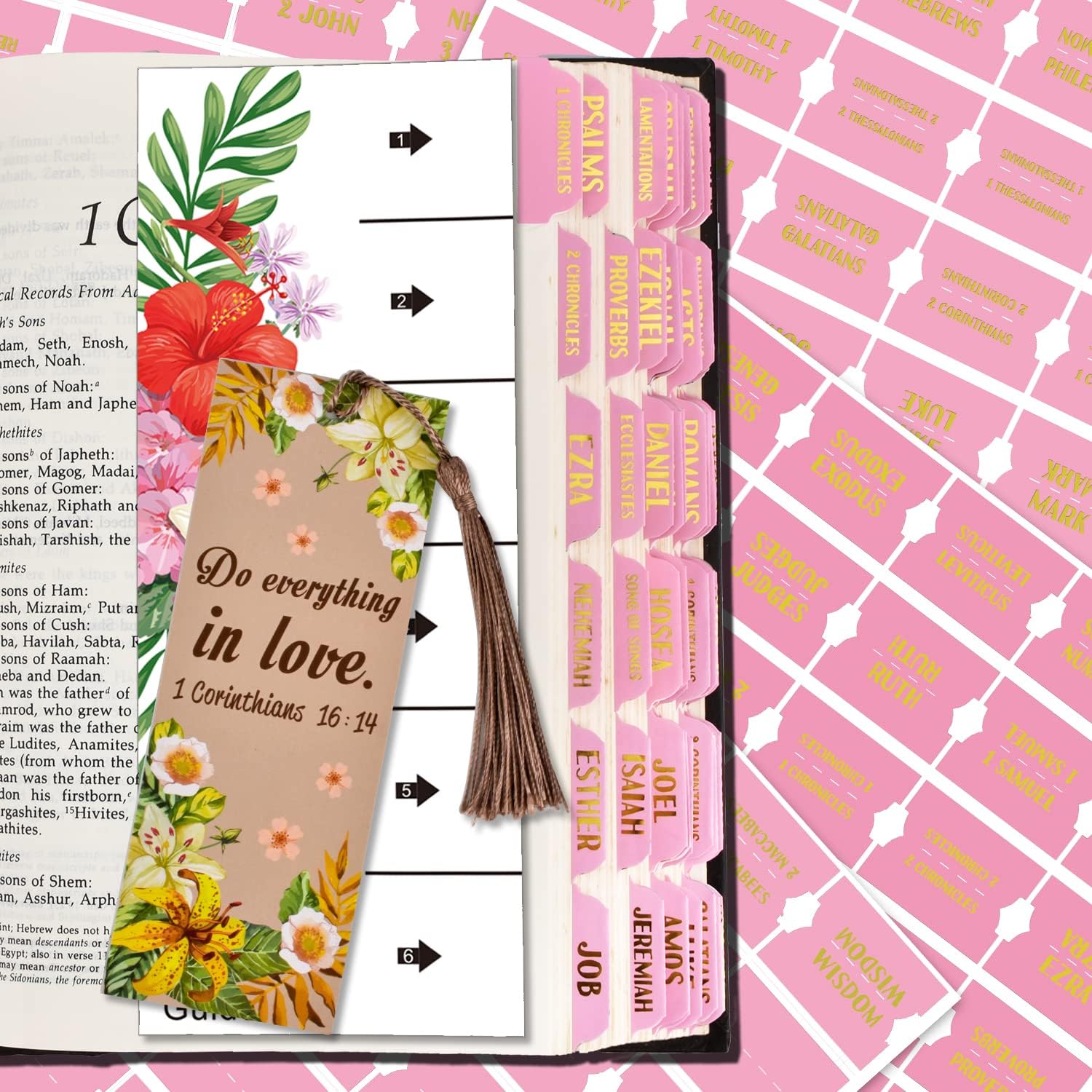 Bible Index Tabs New & Old Testament Tabs Matte Laminated Floral Design, Bible Journaling Supplies - 122 Pcs (Pink- Gold Foil)