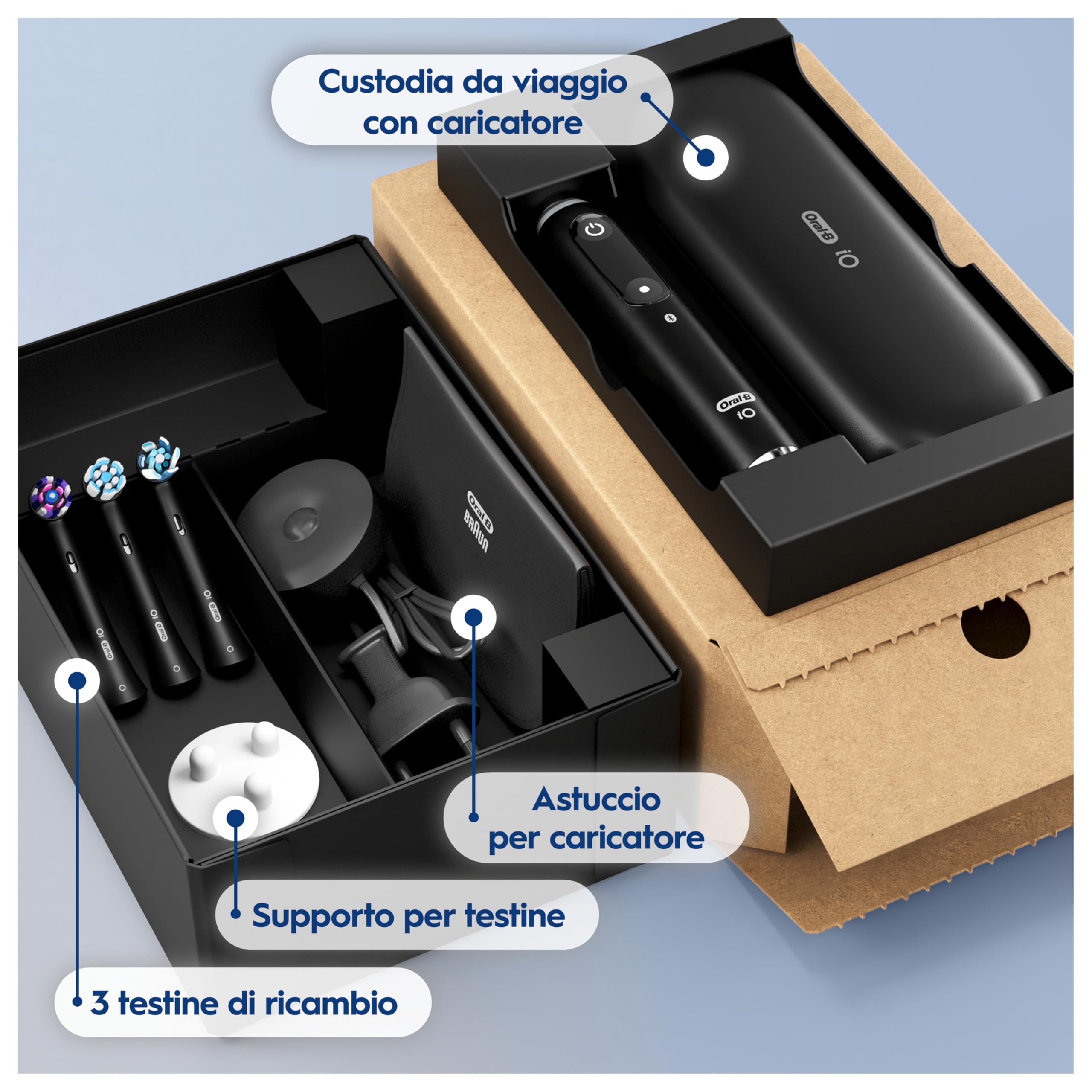 Oral-B Spazzolino Elettrico Ricaricabile iO 9 Nero, 3 Testine Oral B Di Ricambio, Spazzolino Elettrico, Custodia Da Viaggio con caricatore, Pulizia Denti Efficace