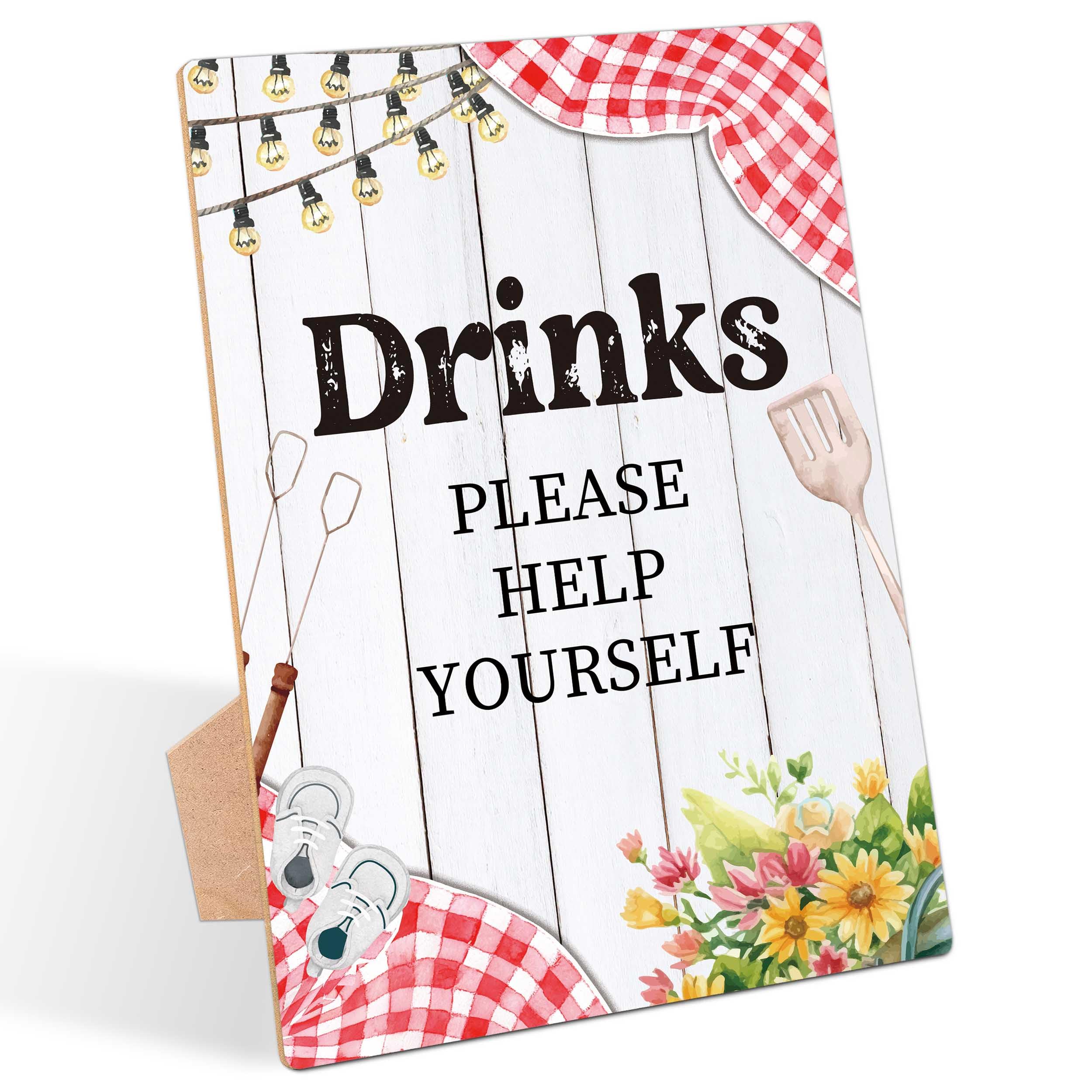 BBQ Baby Shower Table Sign, Drinks Sign, Pack of 1 Wooden Tabletop Sign with Stand, Backyard Baby Shower Supplies, Gender Reveal Party Decorations -