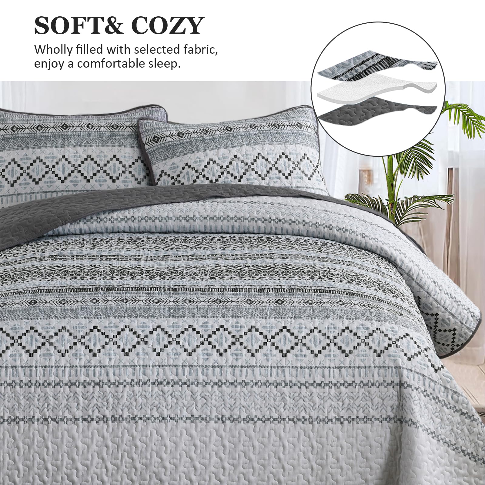 Menghomeus Gray Boho Quilt Set Queen Size Aztec Striped Printed Quilt with 2 Pillowshams Patchwork Bedding Set Soft Microfiber Bedspread Coverlet Set for All Season