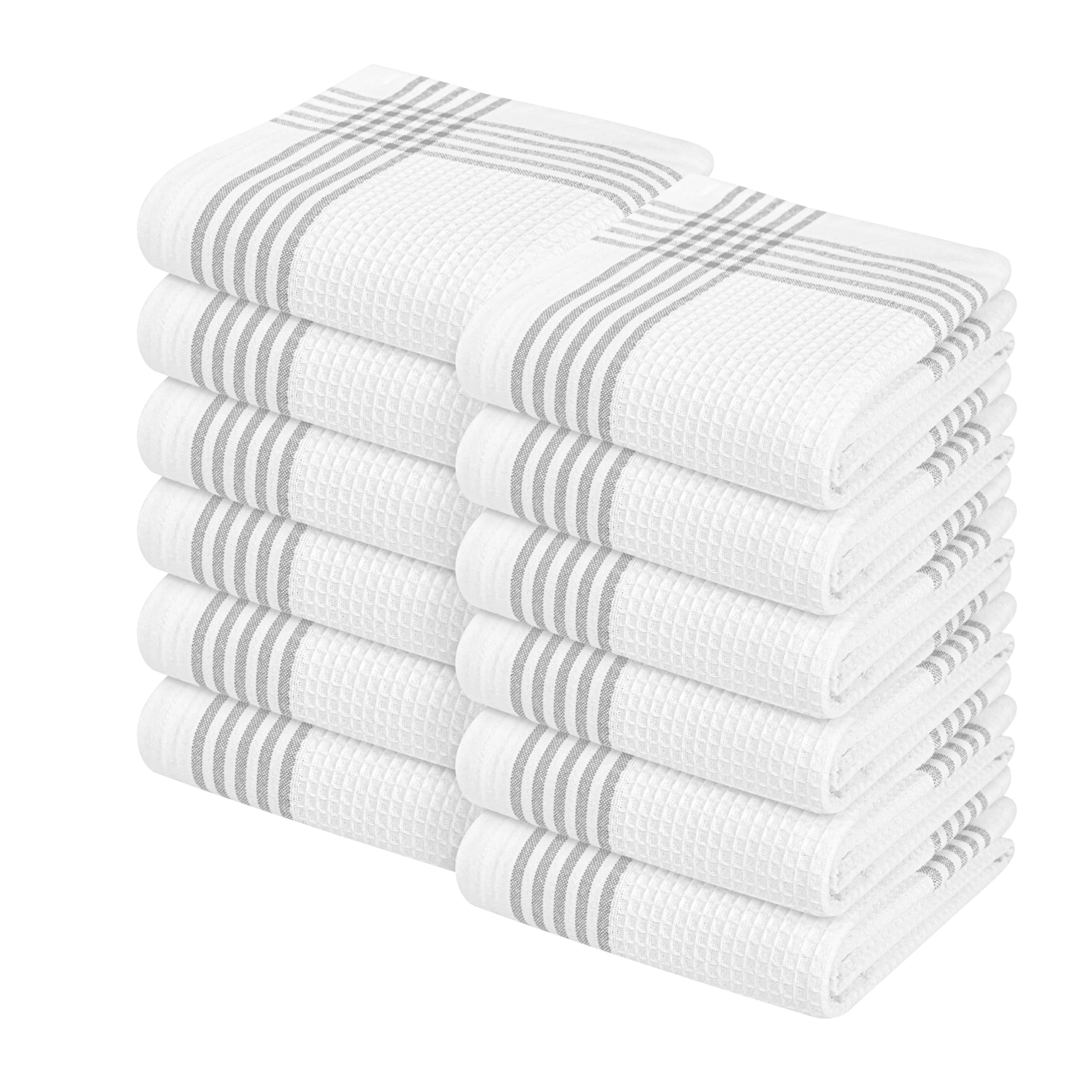 Waffle White &amp; Grey Kitchen Towels 12 Pack, 100% Cotton, 16x26 inches, Quick Drying Dish Cloths, Absorbent Bar Mop Towels, Durable Kitchen Dishcloths Set for Daily Use