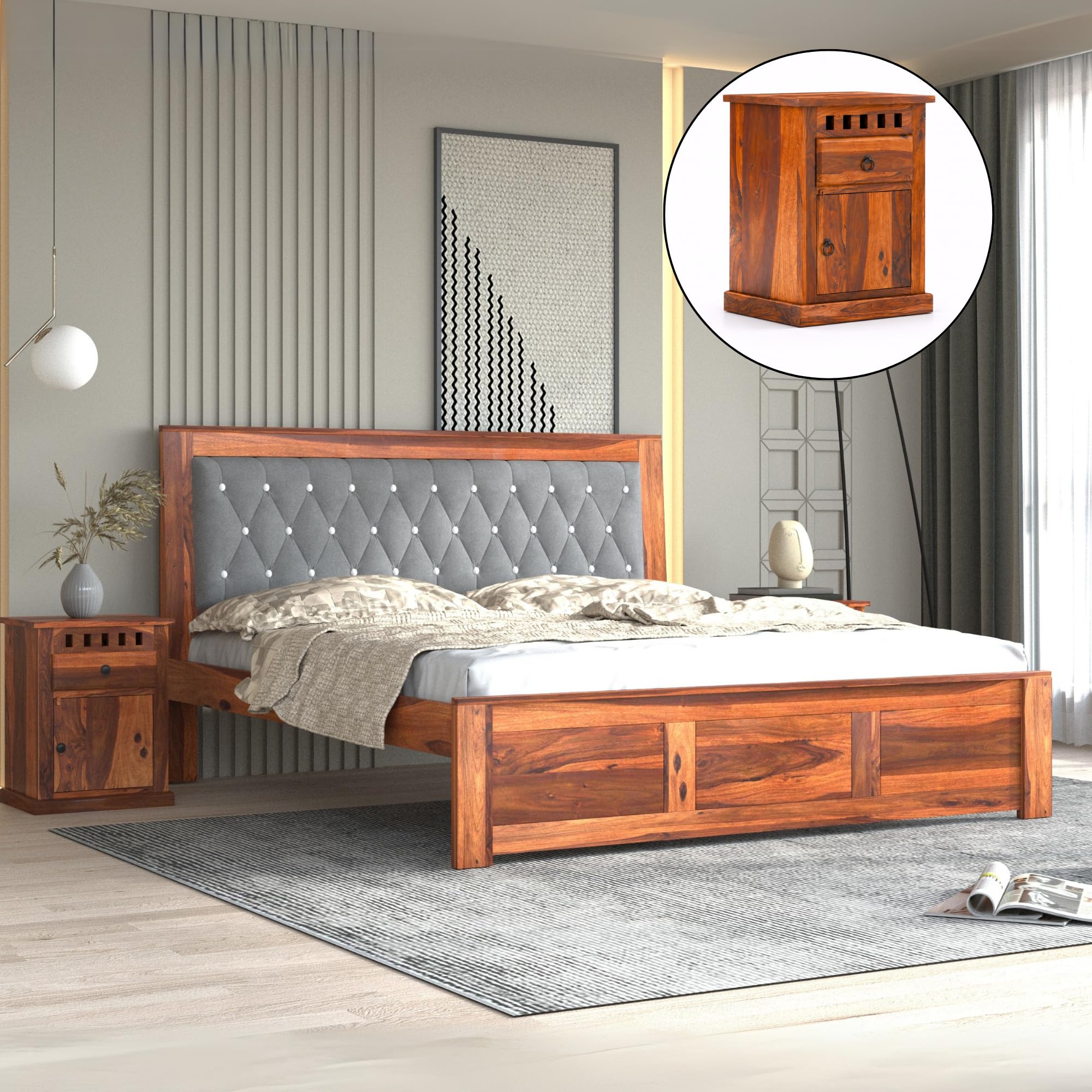 SONA ART & CRAFTS Zeus Solid Sheesham Wood King Size Bed Without Storage (78x72) with 2 Bedside Table, Cushioned Upholstered Beds Double Bed Queen Size Cot for Bedroom (Natural Finish)