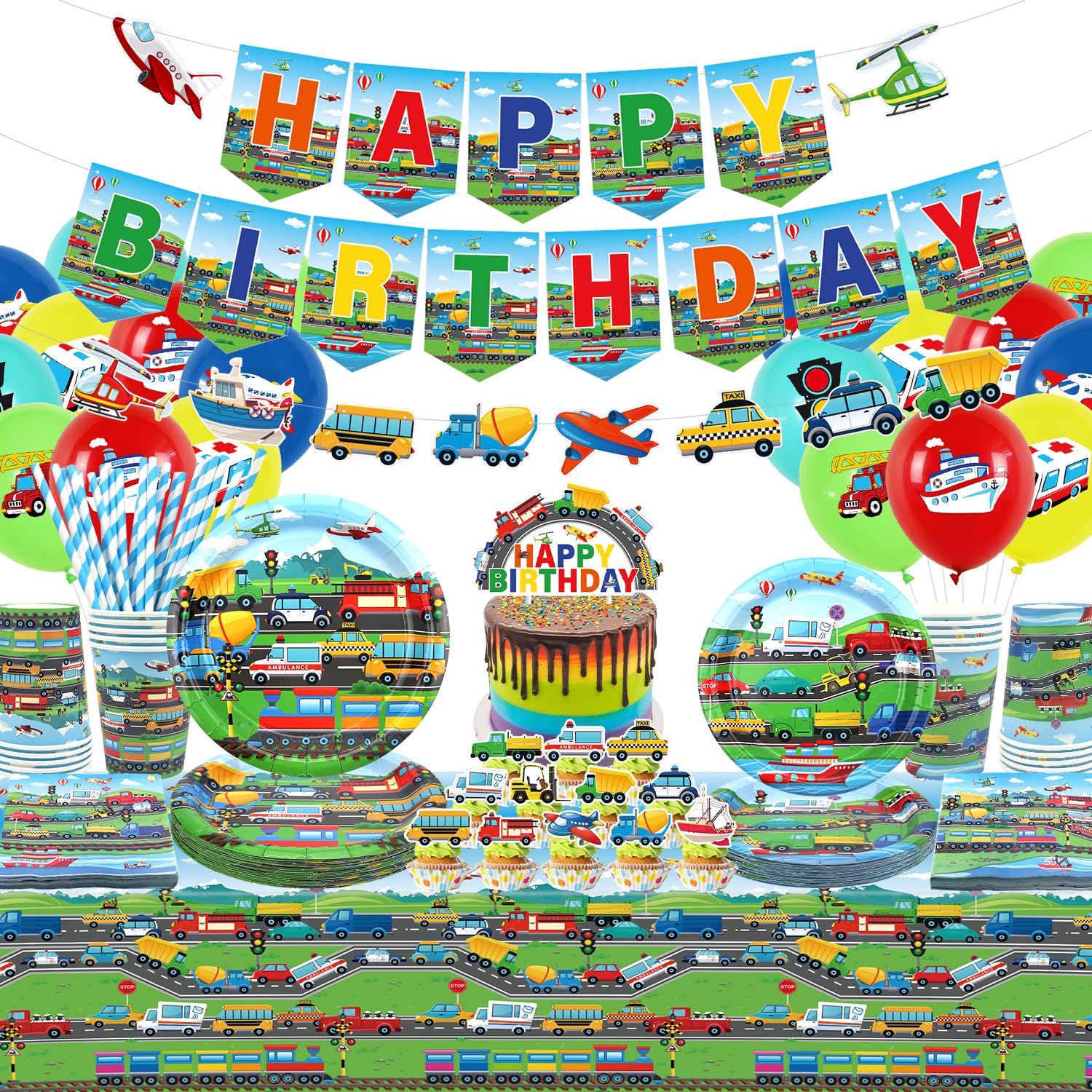 Transportation Birthday Party Decorations - Transportation Party Supplies, Plates Cups Napkins Tablecloth Happy Birthday Banner Balloon Cake Toppers for Truck Cars Construction Supplies