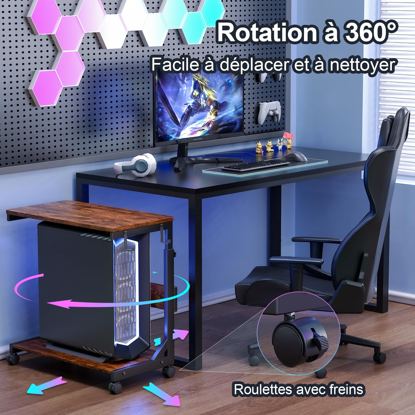 Tour d'ordinateur réglable en hauteur avec chariot ATX à 2 couches, support d'ordinateur sur pied, support d'imprimante avec espace de rangement, roues verrouillables, s'adapte à la plupart des