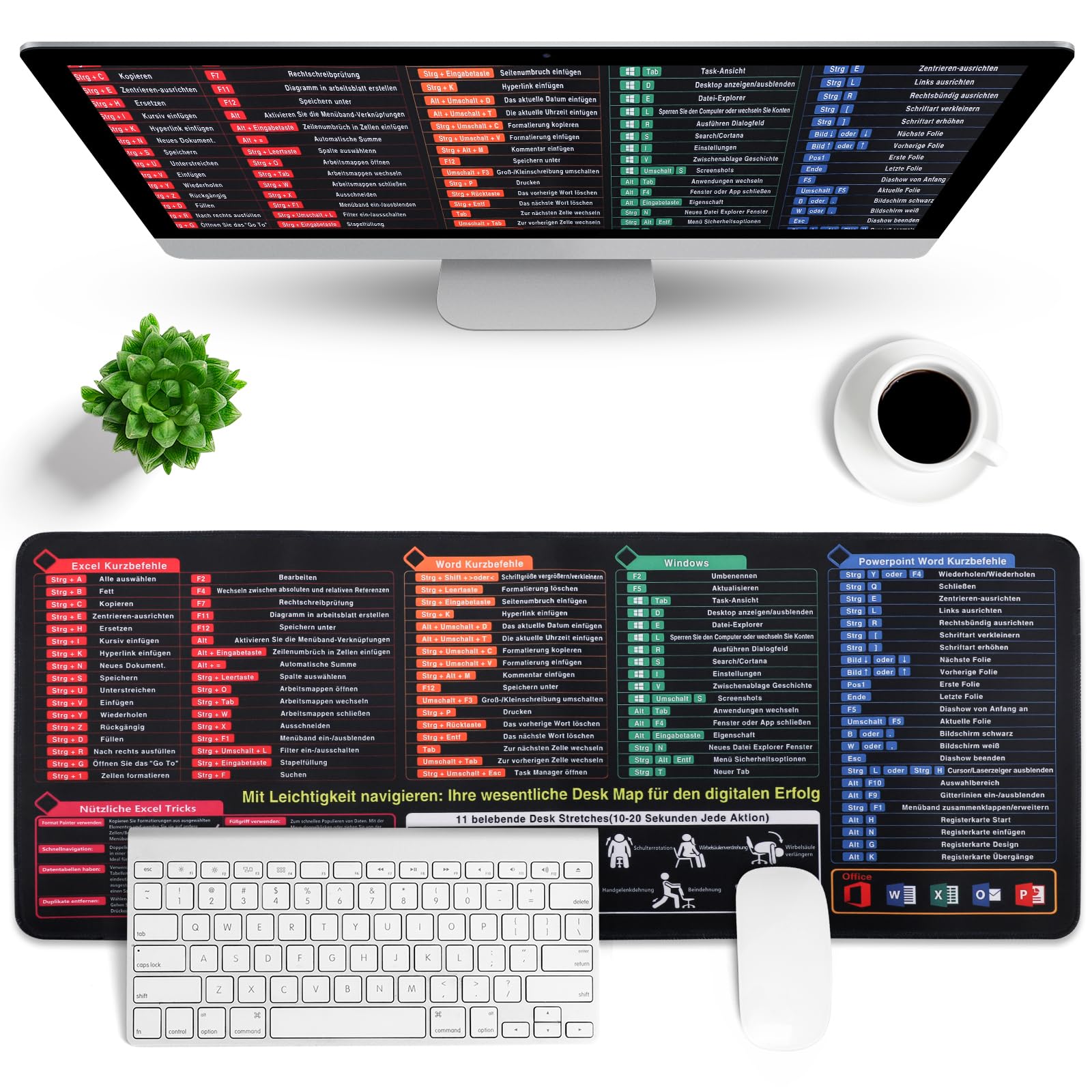 800×300×3mm Excel Spickzettel Schreibtischunterlage Deutsch, XL Excel Mauspad Deutsch, Schreibtischunterlage Shortcuts für Excel Word Windows und PowerPoint