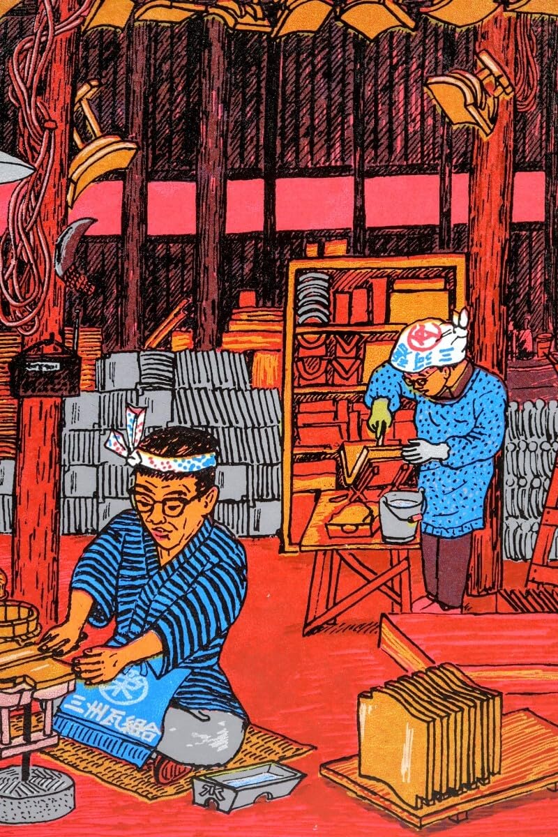 Amazon.co.jp: 真作 斎藤吾朗 木版画「三州瓦 瓦磨き」 画寸 30.5cm