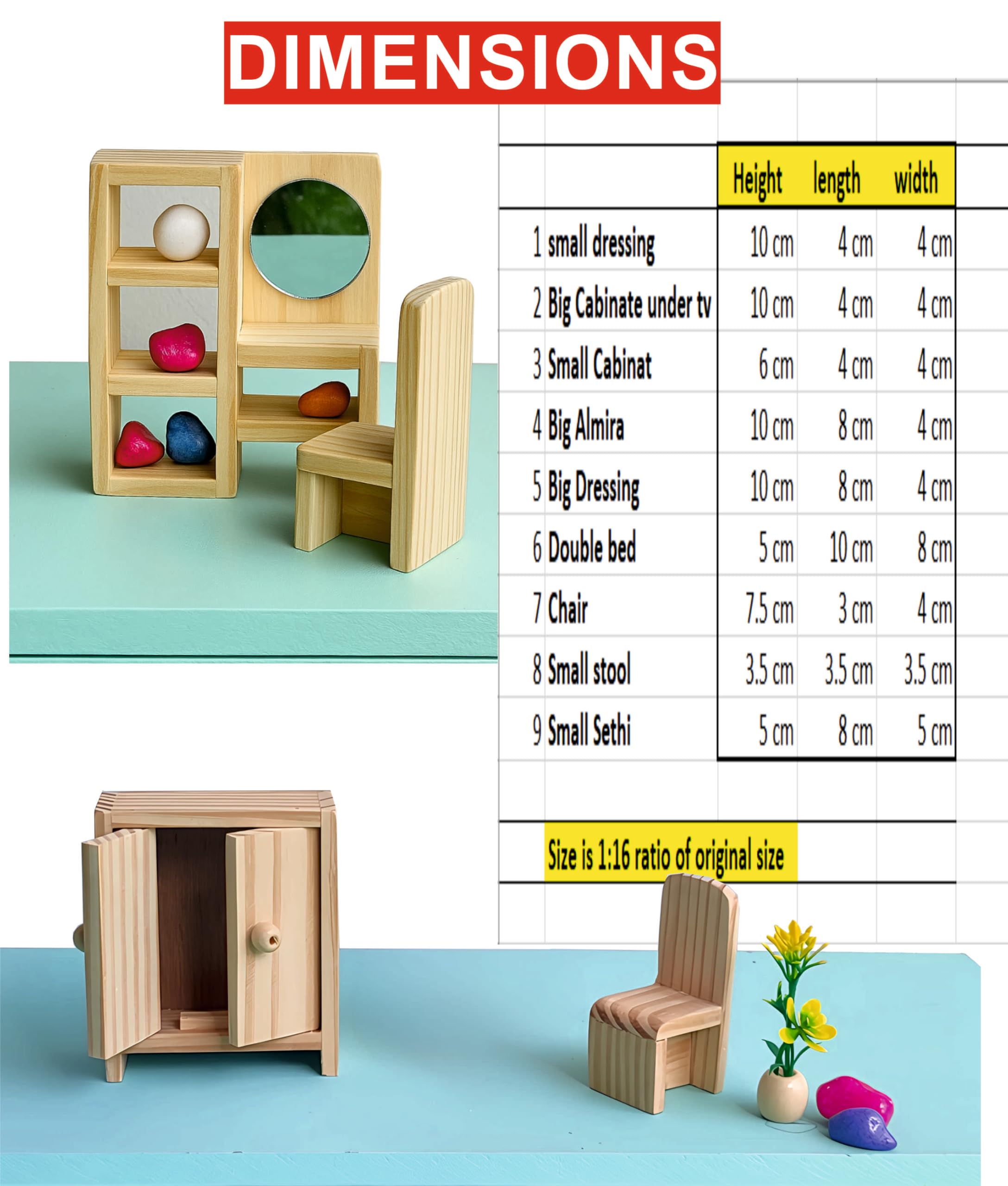 TinyMinyWorld Dollhouse Accessories Doll House Furniture Set (Wooden): Drawing Room - Kitchen - Bedroom - Toilet for Your Dream Doll House Best Birthday Gift (Bed Room Grand) - Image 4 thumbnail
