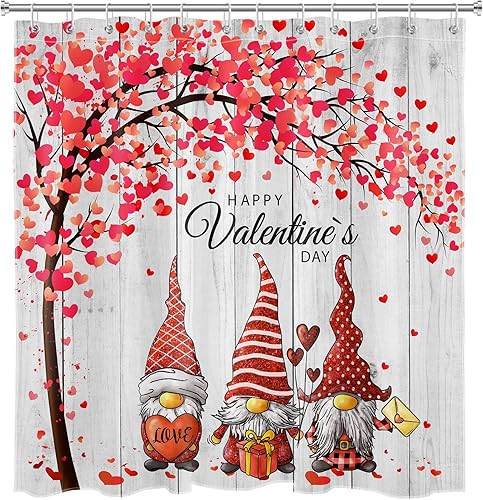 Miniatura 4 de Valentines Day Shower Curtain for Bathroom Funny Gnome and Red Heart Tree on Rustic Vintage Grey Wood Bathroom Shower Curtains with Hooks Romantic