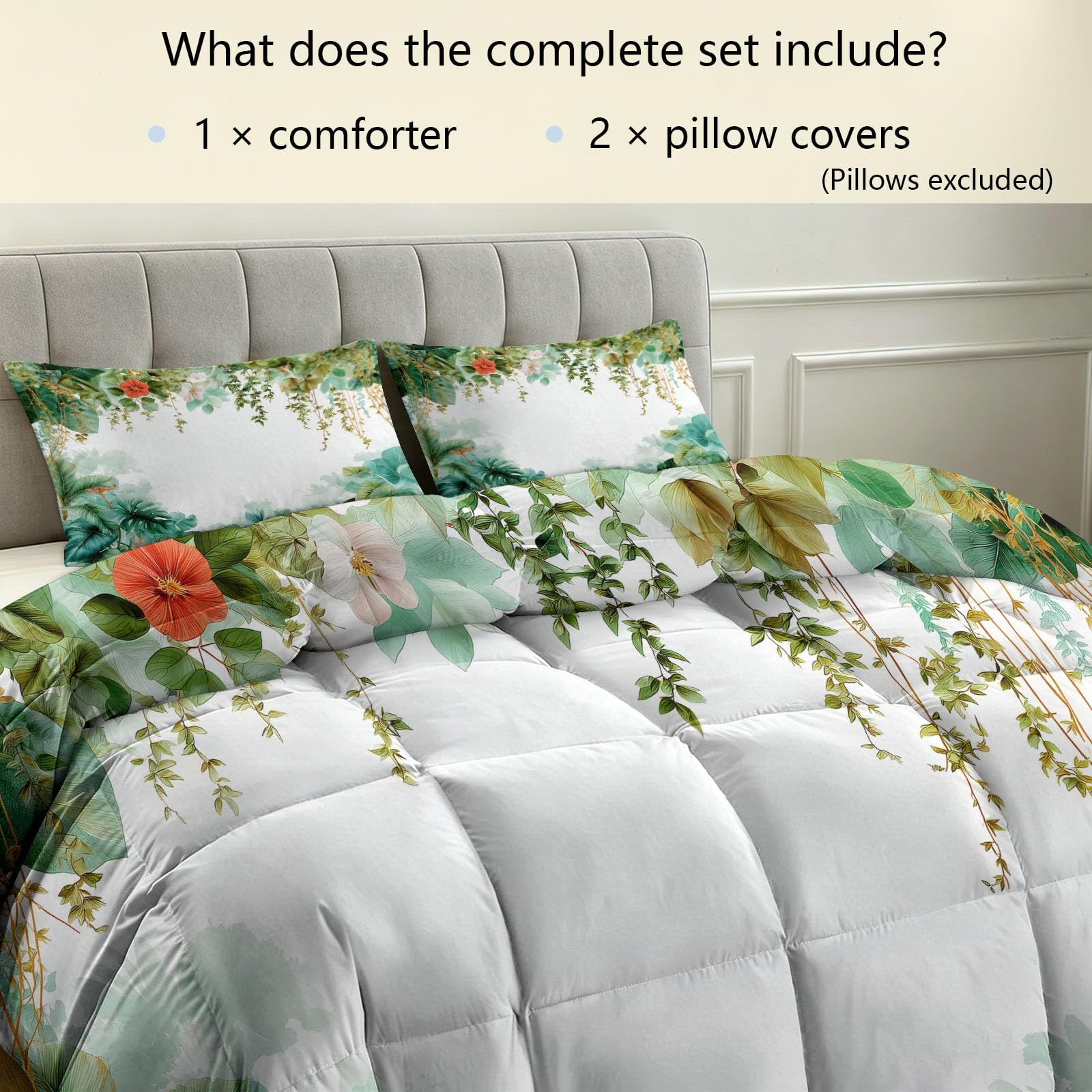 Trapunta 4 stagioni reversibile con 2 federe, 220 x 240 cm stile giungla tropicale disegnato a mano viti pappagalli fiori foglie bianco trapunta trapuntata senza cappuccio morbido traspirante