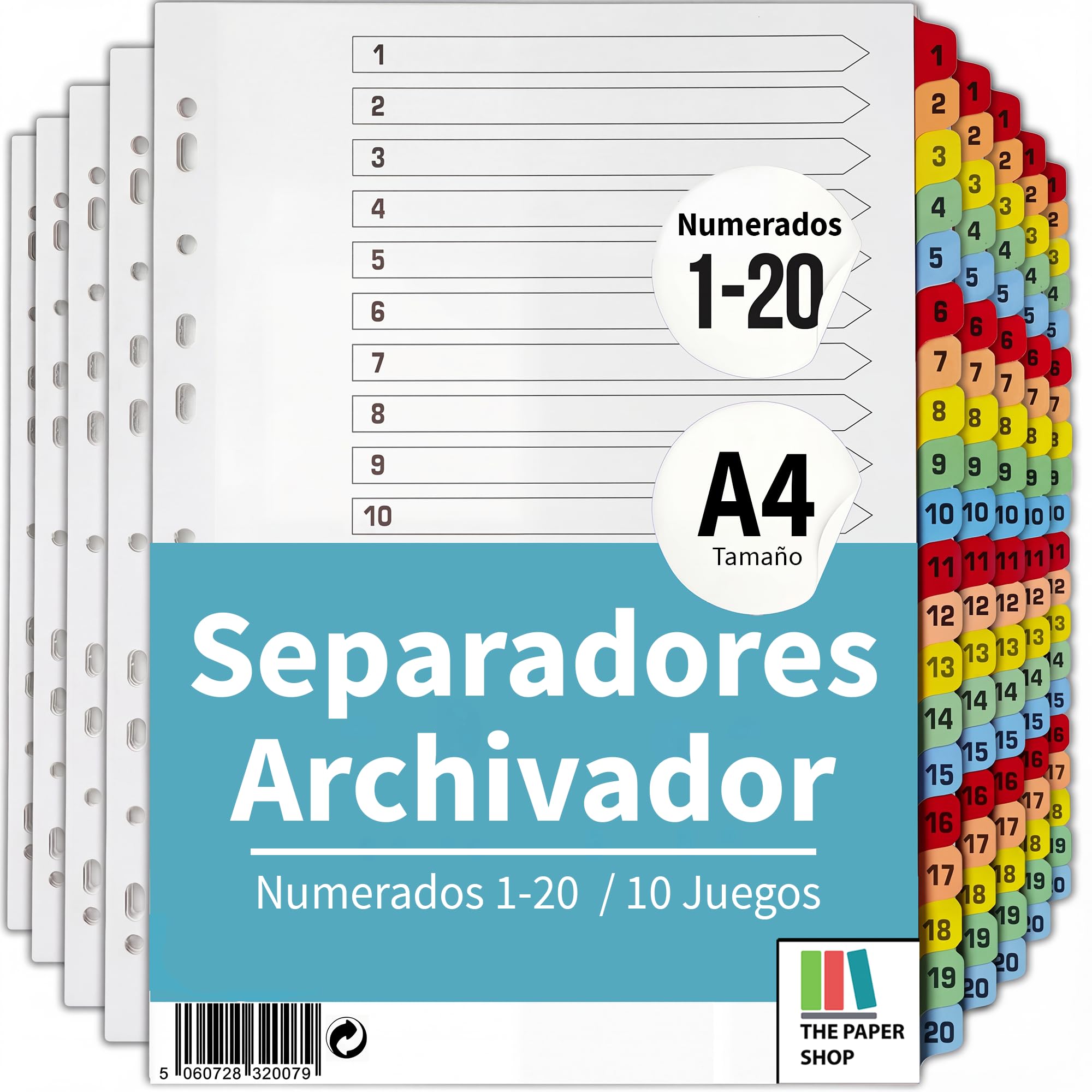 [Paquete de 10] Separadores Archivador A4, 20 Posiciones numeradas 1-20, separadores de materias A4 20 Posiciones numeradas 1-20 con pestañas de color multiperforadas 150gsm