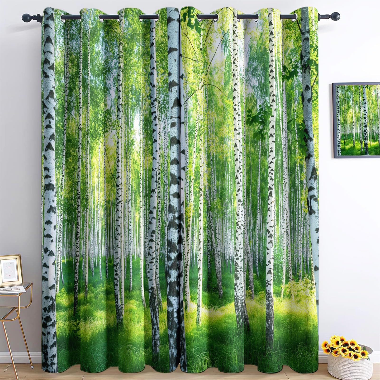 Rideaux occultants été forêt de bouleaux vert thermiques à œillets 140x160cm lot de 2