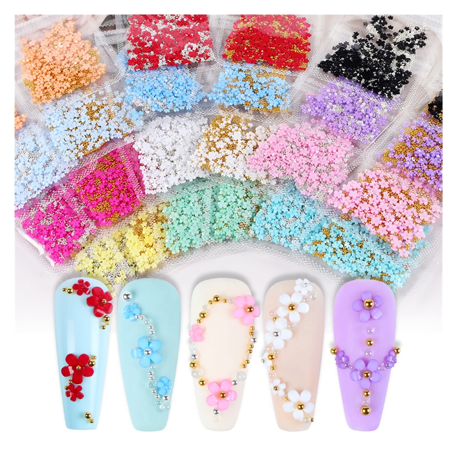 24 Beutel 3d Acrylnagel -Kit Blumencharm Dekoration 5 Blütenblätter Harz kleine Blüten gemischte Stahlkugeln DIY Nagelversorgungszubehör wanglan