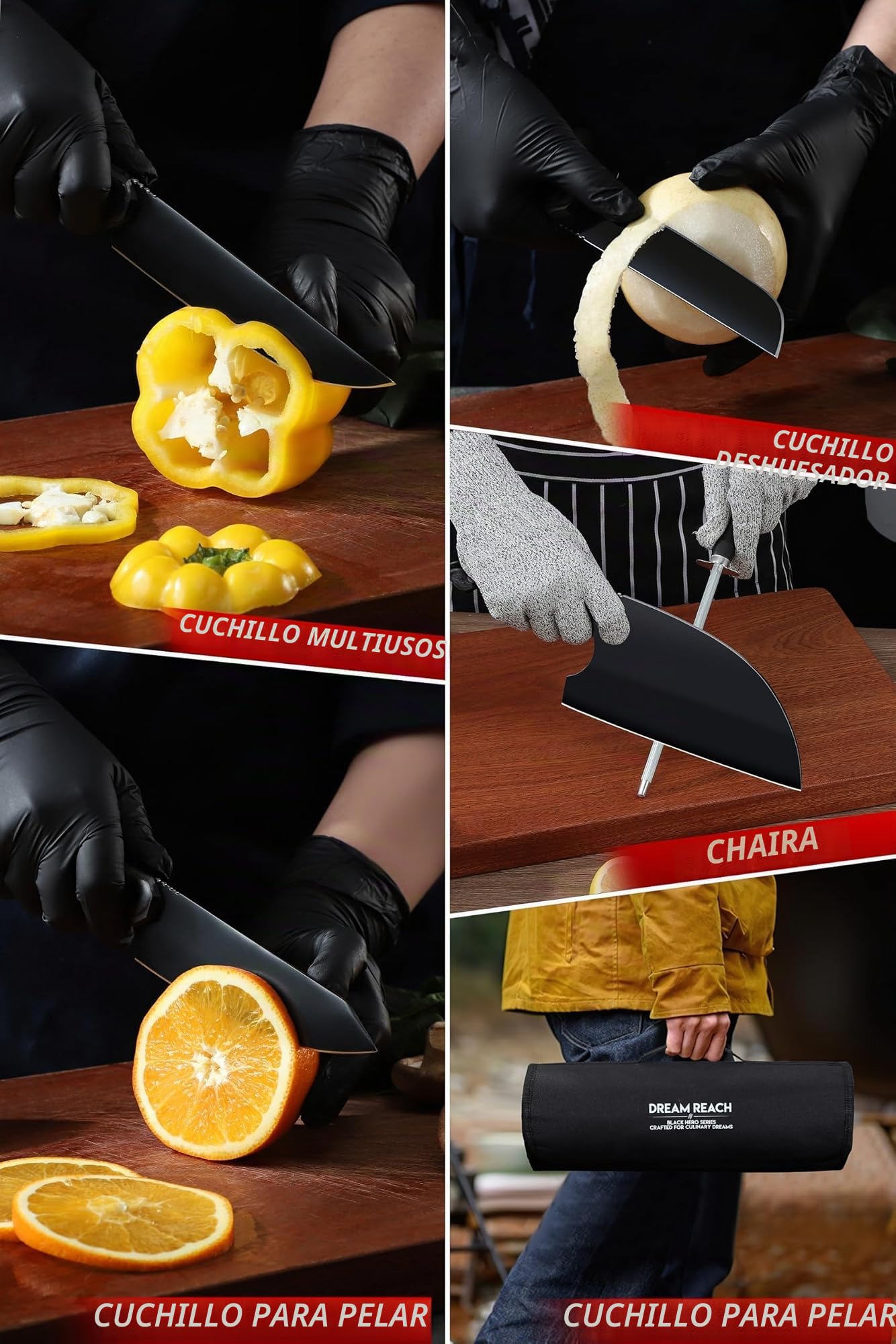 Dream Reach Cuchillos de Cocina, Juego de Cuchillos de Chef 6 Piezas Acero Inoxidable con un Afilador y Estuche para Carne, Verduras, Barbacoa y Exterior