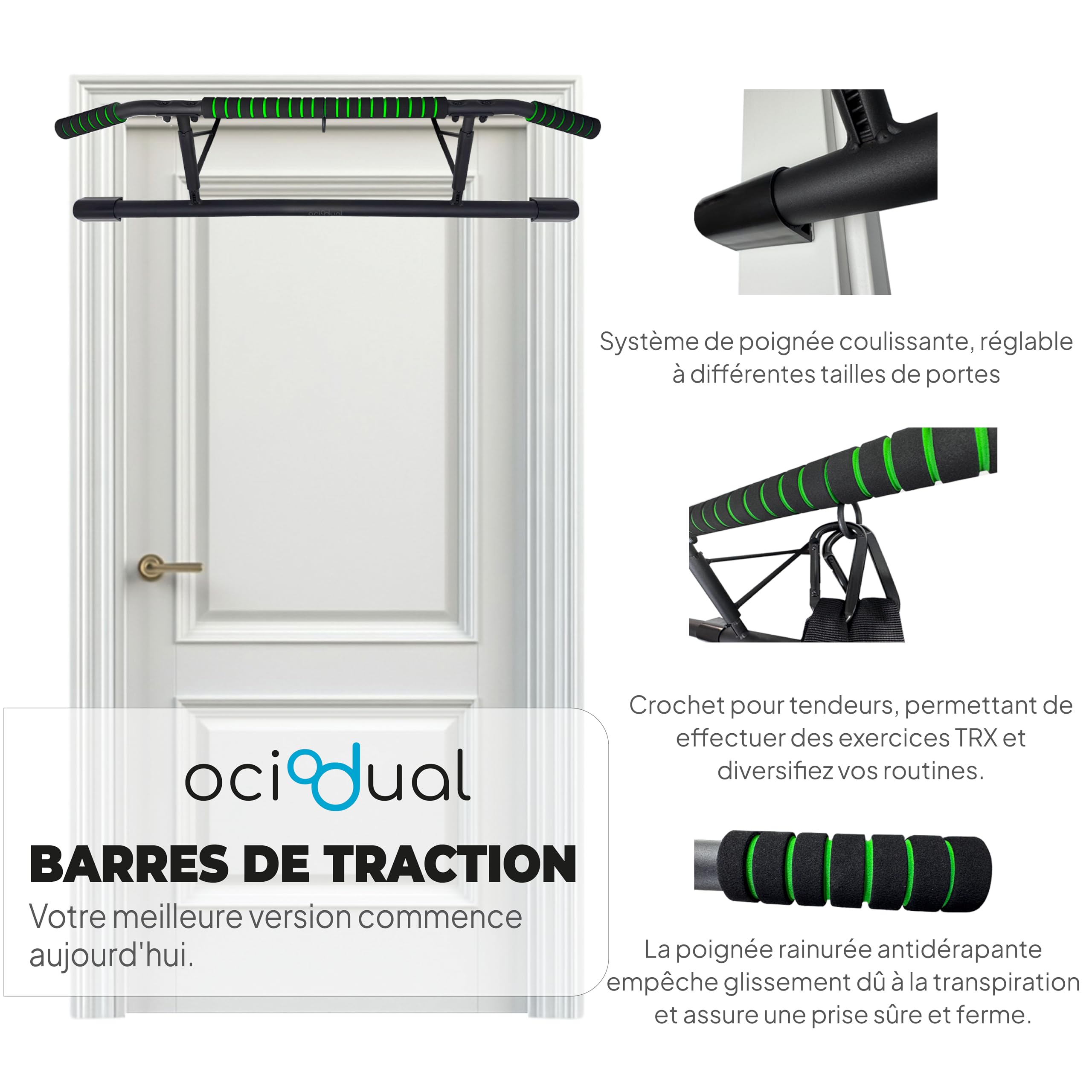 OcioDual Barre Traction Porte Sans Vis + Sangles de Suspension, Barre de Traction Porte, Pull Up Bar Door, Calisthenics Equipment, Boxing, Pliable, Fitness à Domicile