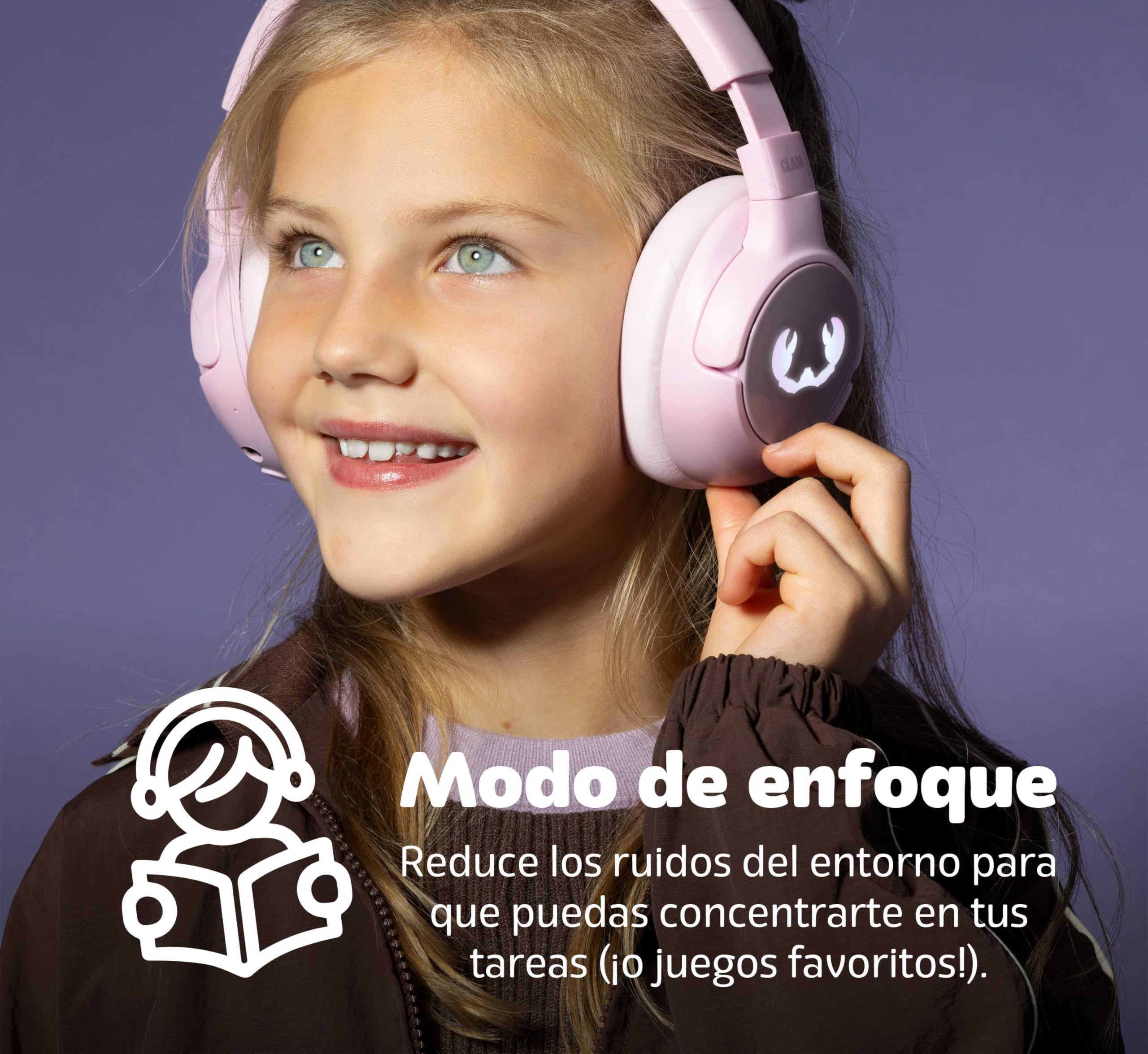 Fresh 'n Rebel Clam Junior, Auriculares Bluetooth para Niños con Cancelación Activa del Ruido, Sonido Seguro (<85dB), con Cable de Audio y Pegatinas, Efecto de LED. 60h de reproducción (Dizzy Donut)