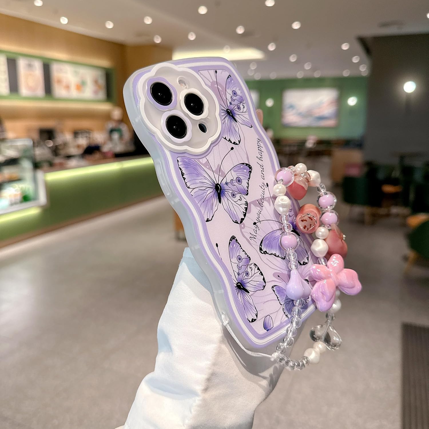 Compatible with iPhone 13 Pro max case,cute wavy edge design with purple butterfly pattern,with big butterfly bracelet,made of soft,eco-friendly and durable TPU material,suitable for women, girls - Image 3