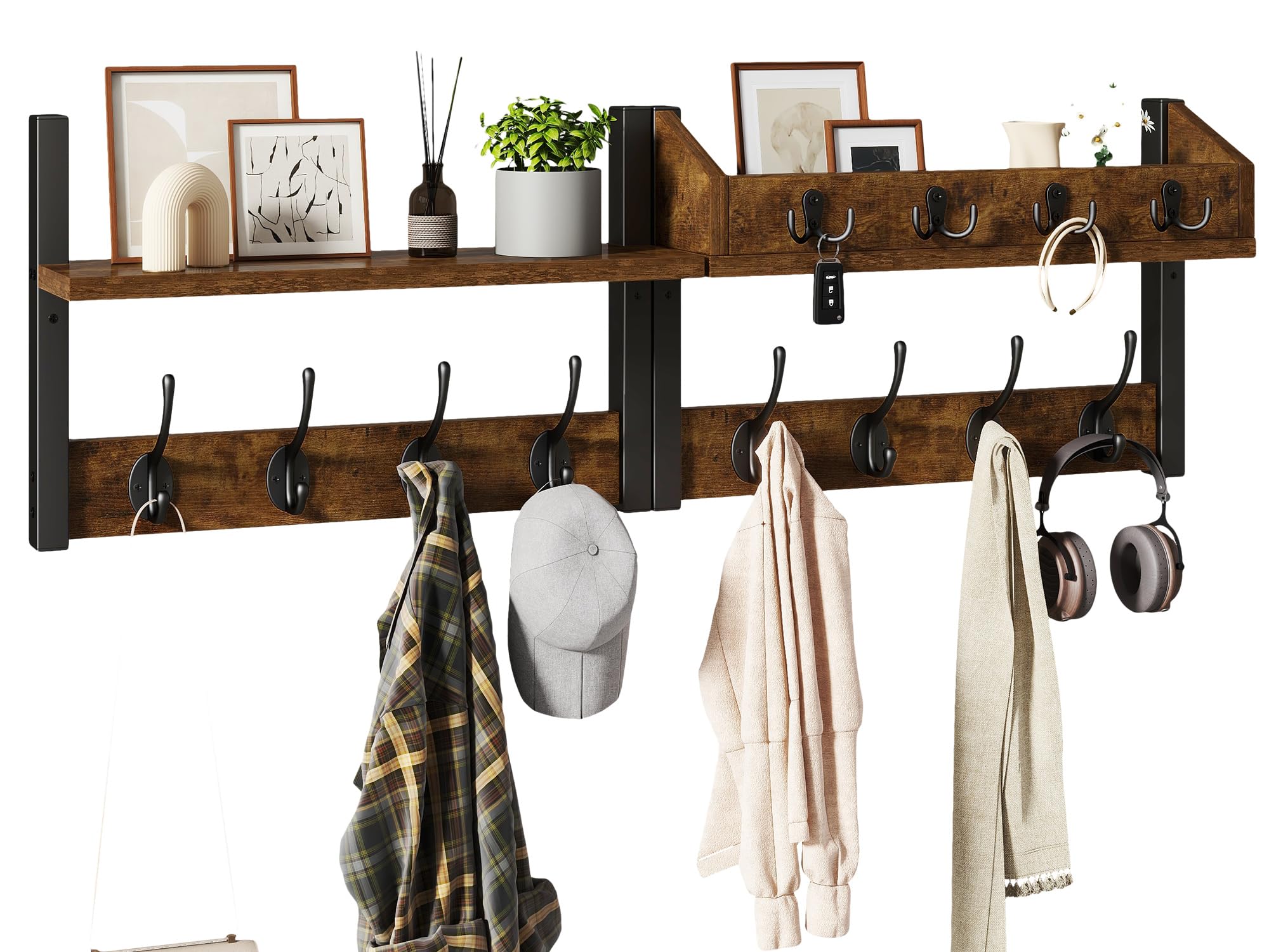YMYNY 4 in 1 Appendiabiti da Parete con Mensola Design, Attaccapanni da Muro in Legno con 12 Ganci Moderno per Ingresso, Cameretta e Bagno, Marrone Rustico, HWS007H-2
