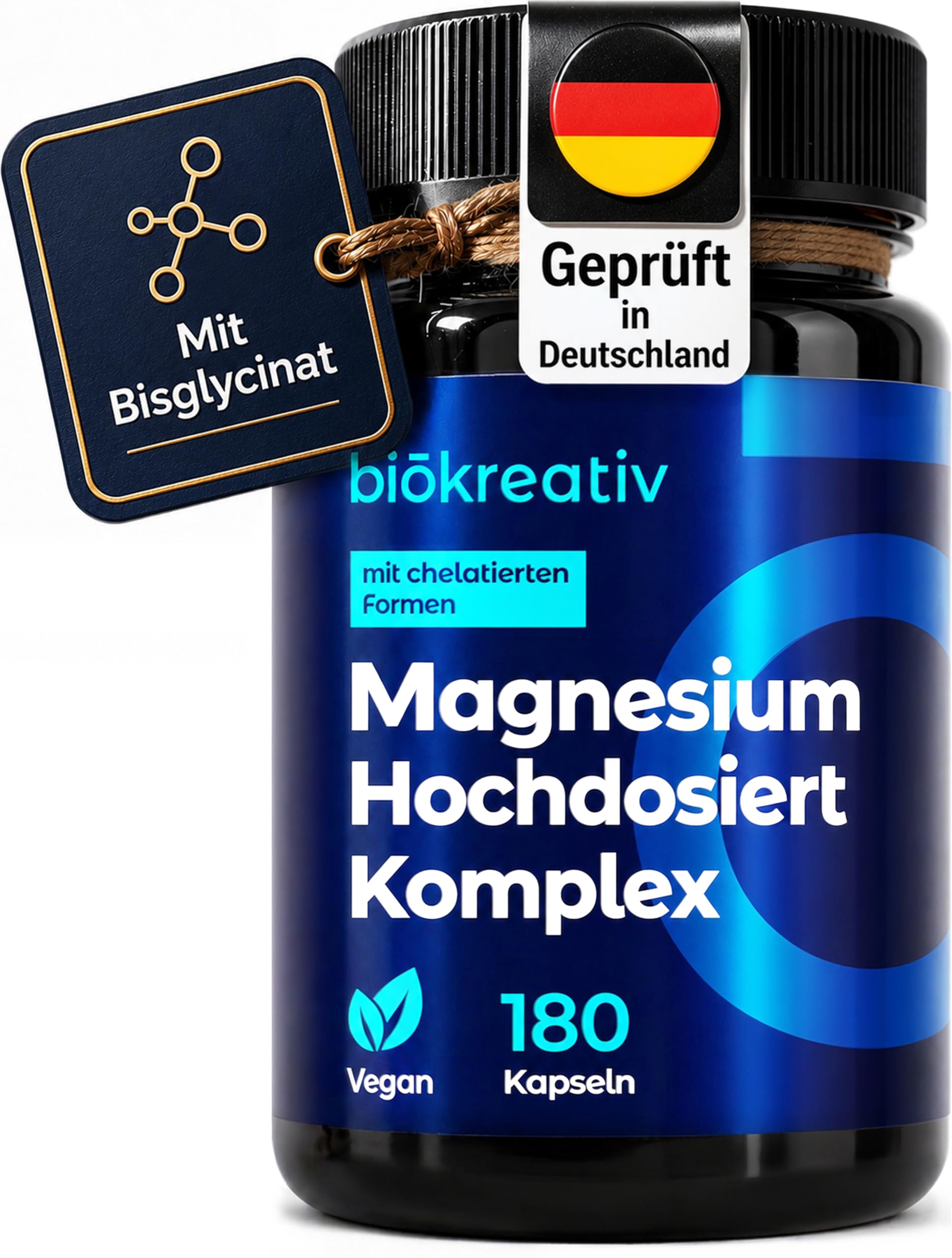 Biōkreativ Magnesium Komplex Hochdosiert – 180 Kapseln - 400mg pro Tag - mit 5 Formen: Magnesium Bisglycinat, Citrat, Malat, L-Ascorbat, Oxid, Vegan, laborgeprüft - 3-Monats-Vorrat
