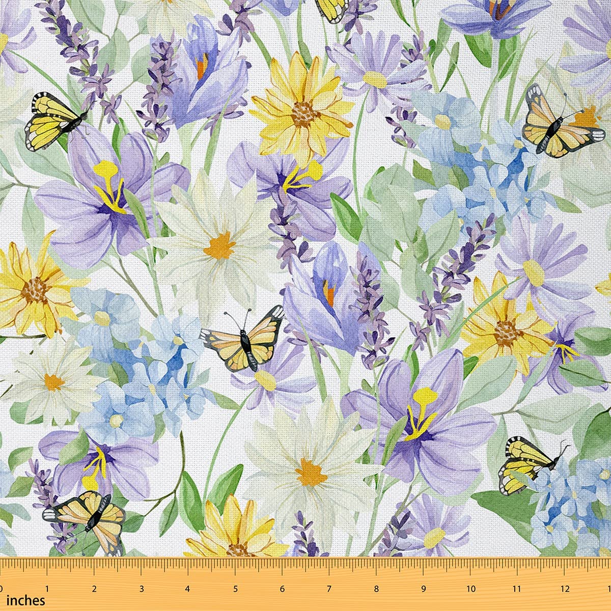 Groovy Daisy Fabric by The Yard Watercolor Flower Garden Plants Decorative Fabric for Upholstery and Home DIY Projects Butterfly Rustic Flying Animal Fabric for Kids Boys Girls Gifts,3 Yards