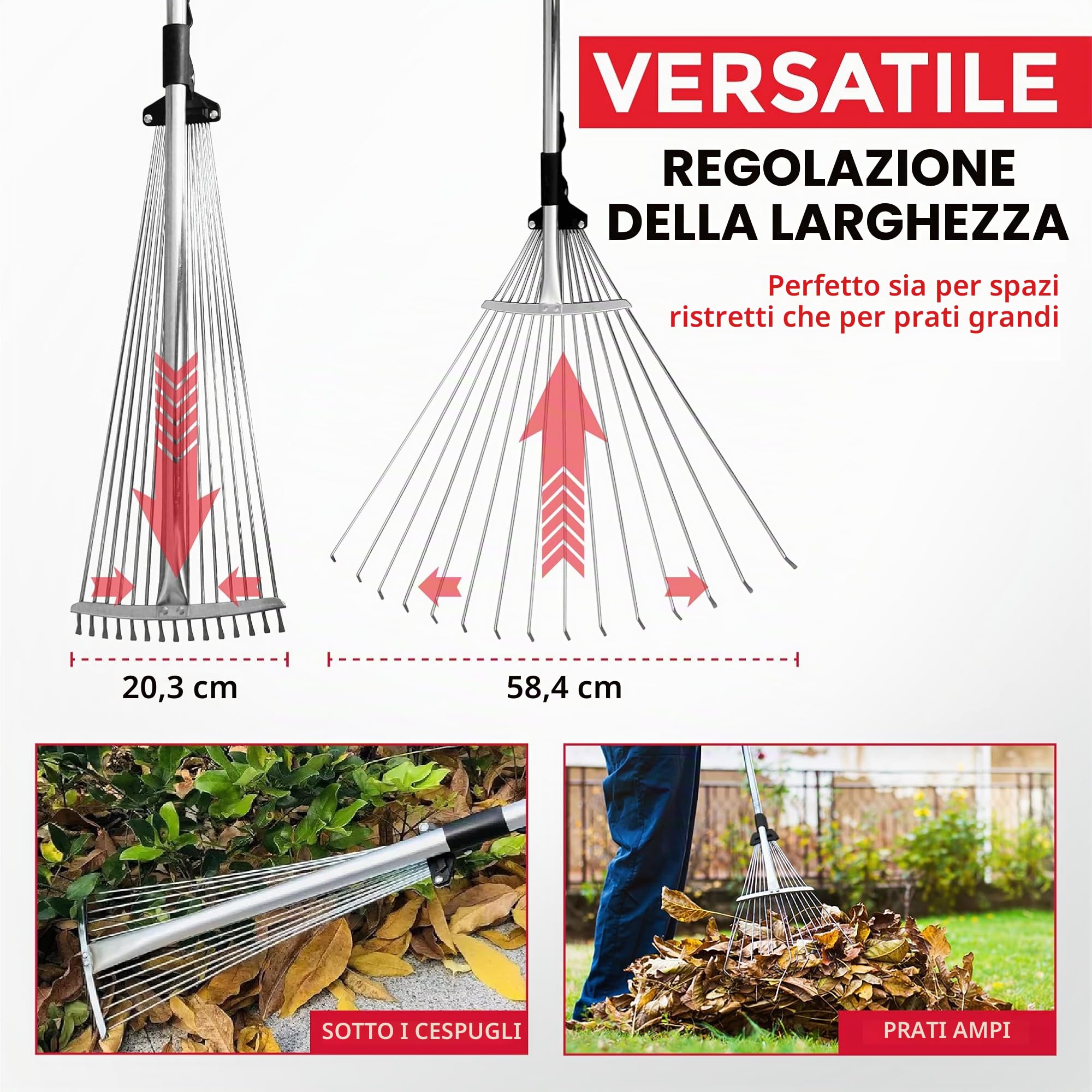 TABOR TOOLS J16E - Rastrello telescopico in metallo, lunghezza 160 cm, rastrello pieghevole regolabile per pulire rapidamente prato e cortile, rastrello per foglie da giardino, manico espandibile con