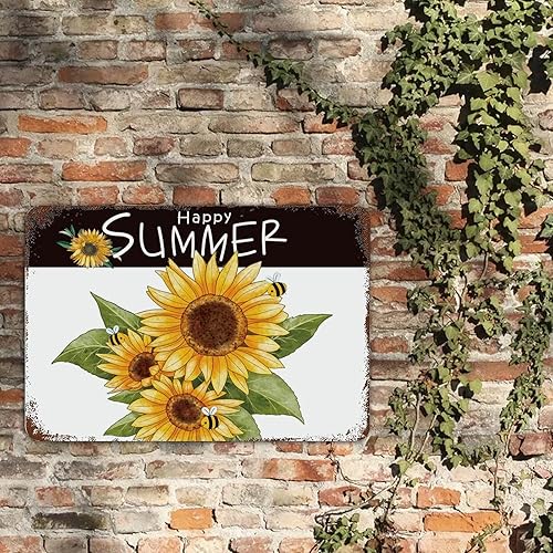 Miniatura 6 de Placa de metal con diseño de girasol y abeja y miel, letrero de metal con texto en inglés «Happy Summer», decoración de casa costera, jardín,
