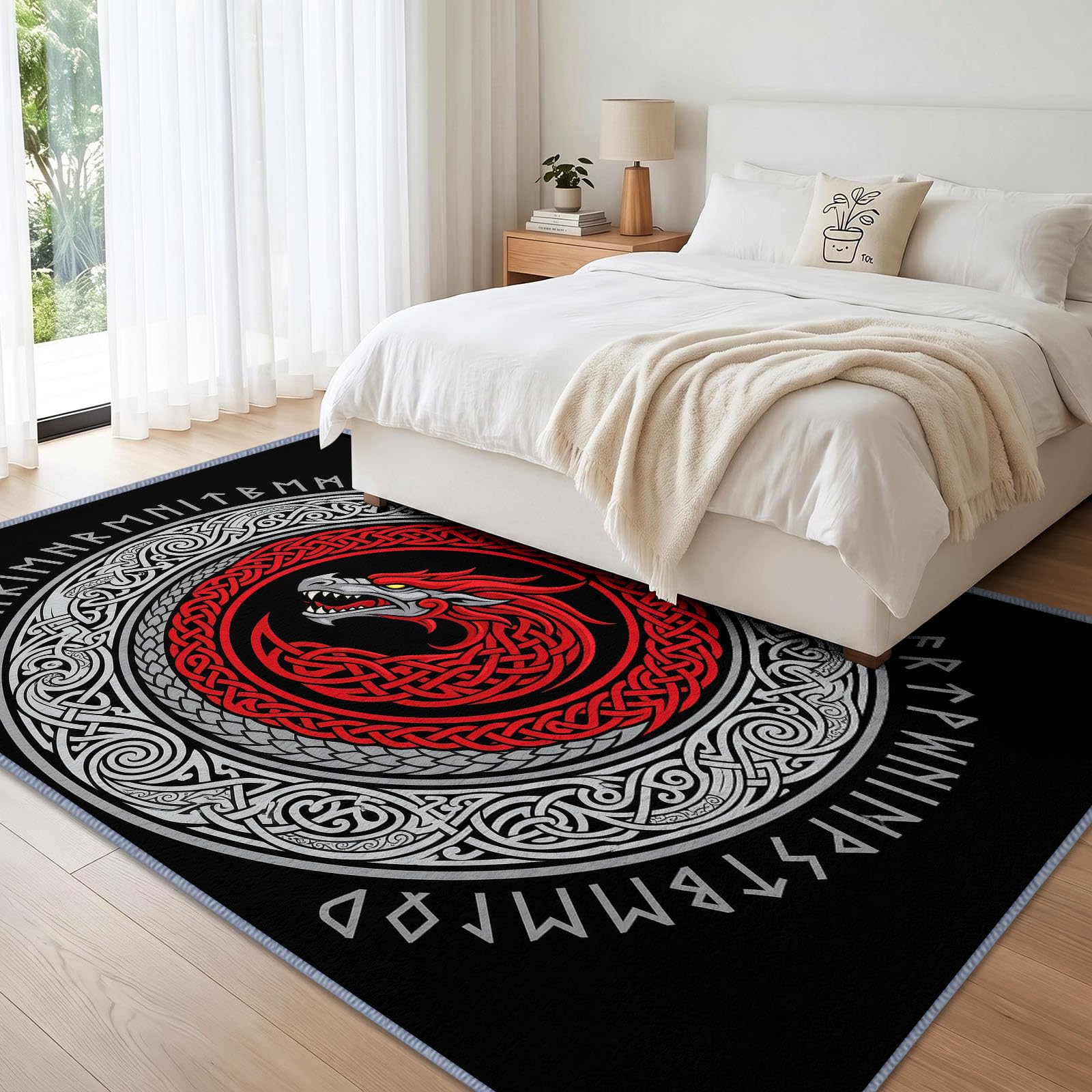 Celtycki styl wikingów antypoślizgowy dywan do salonu, 140 x 200 cm, do sypialni, uroboros, głowa smoka, młodzieżowy, dywan, miękki, krótki, można prać w pralce, nie gubi włosia