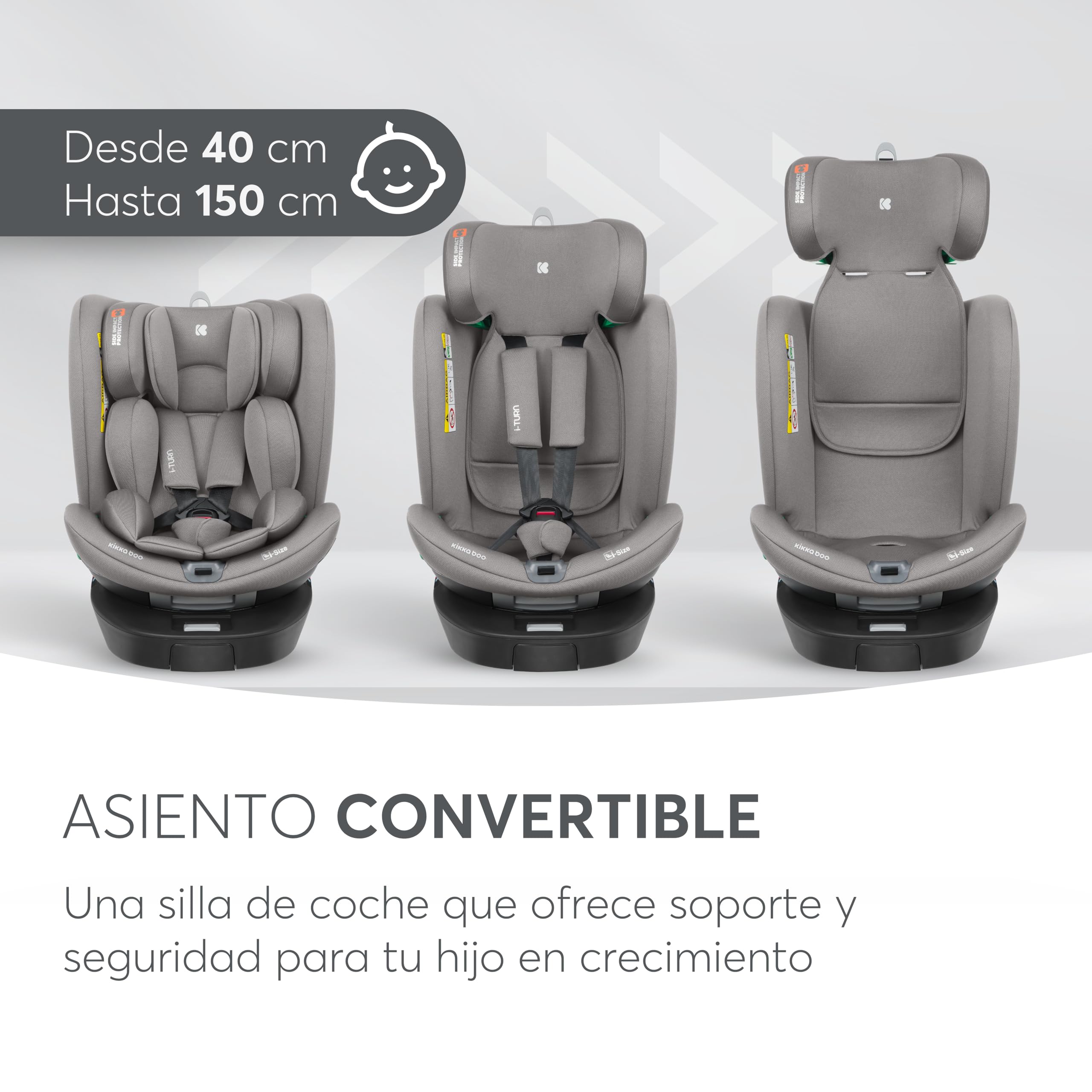 KikkaBoo Silla de Coche i-Size i-TURN, 40-150 cm, Silla Coche Bebé Grupo 0 1 2 3 ISOFIX, de 0 a 12 años, Giratoria 360°, 12 Posiciones Reposacabezas, Sistema SPS, Cojín Reductor, Gris Claro