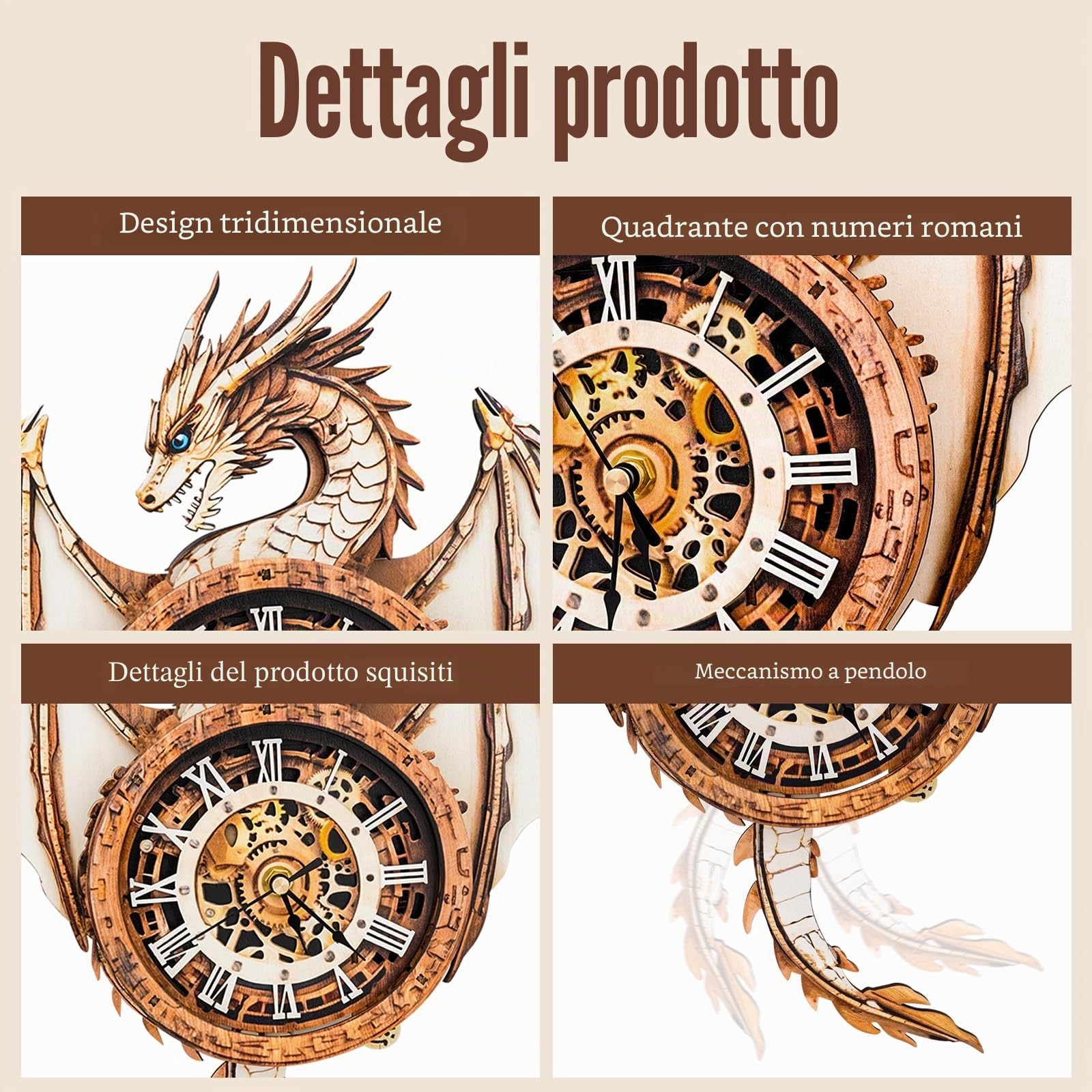 Puzzle 3D per adulti-orologio drago con orologio funzionale, puzzle in legno 3D (33 x 37,3 cm), puzzle 3D animali da scrivania/decorazione da parete per la casa/regali per amici/notte di