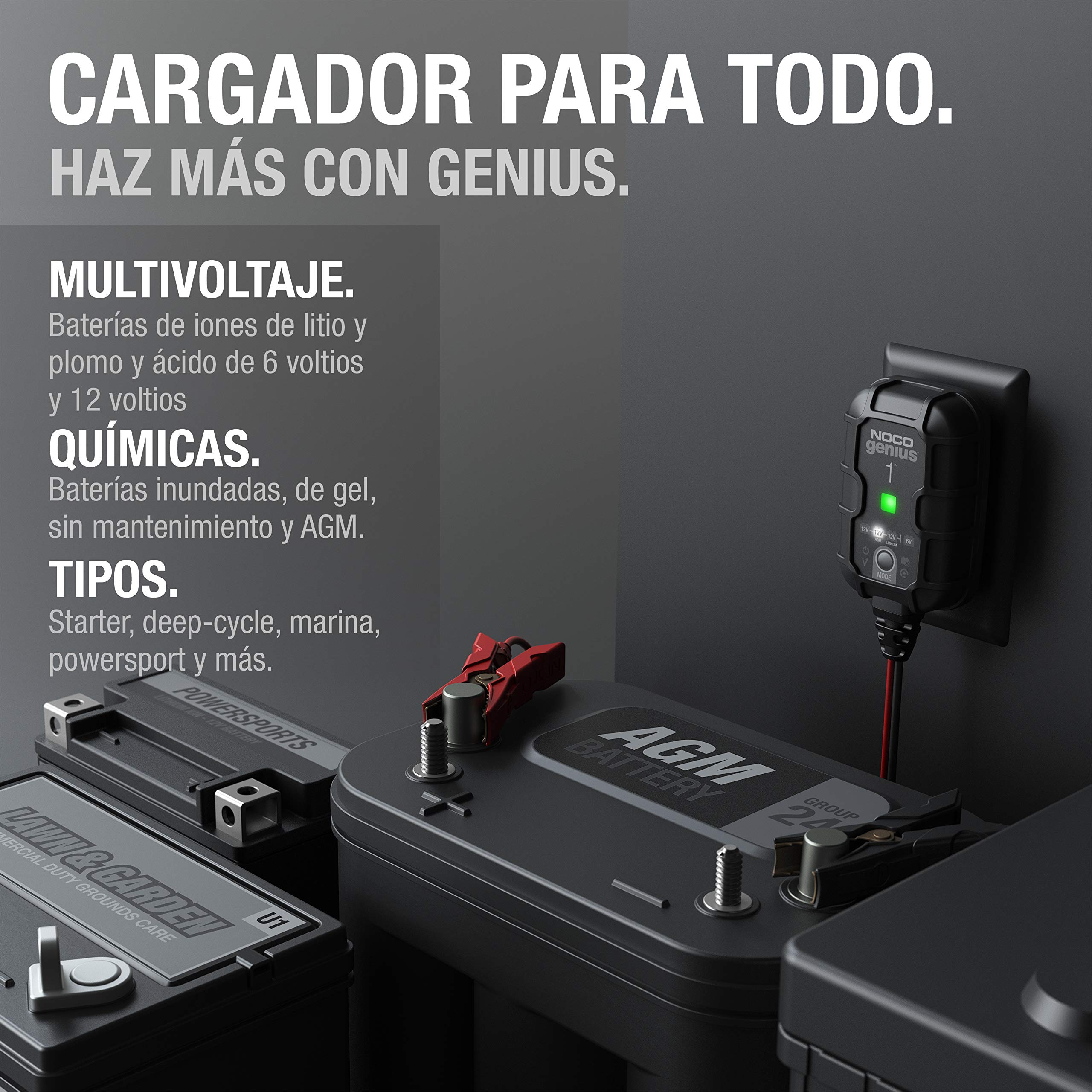NOCO GENIUS1: Cargador Inteligente de baterías 1A 6V/12V – Mantenedor automático y desulfatador – Protección contra sobrecarga y compensación térmica – para baterías de Plomo y Litio