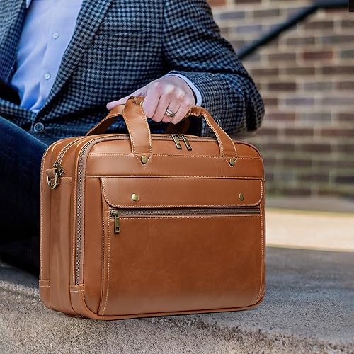 Miniatura 7 de Maletín de cuero para hombres de 15.6 pulgadas impermeable para portátil, bolsa de mensajero grande retro, bolsa de viaje de negocios, bolsa de