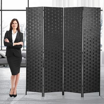 4 Panel Room Divider, Portable Privacy Screen, Wood Mesh Woven Design Room Screen Divider Partition Wall Dividers Wood Free Standing Folding Screen with Double-Weaved Hinges for Home Office, Black