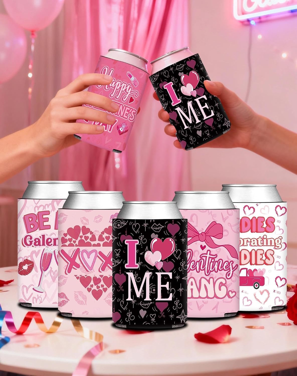 Pink Black Galentine’s Friendsgiving Can Cooler Sleeves 12PCS image 5